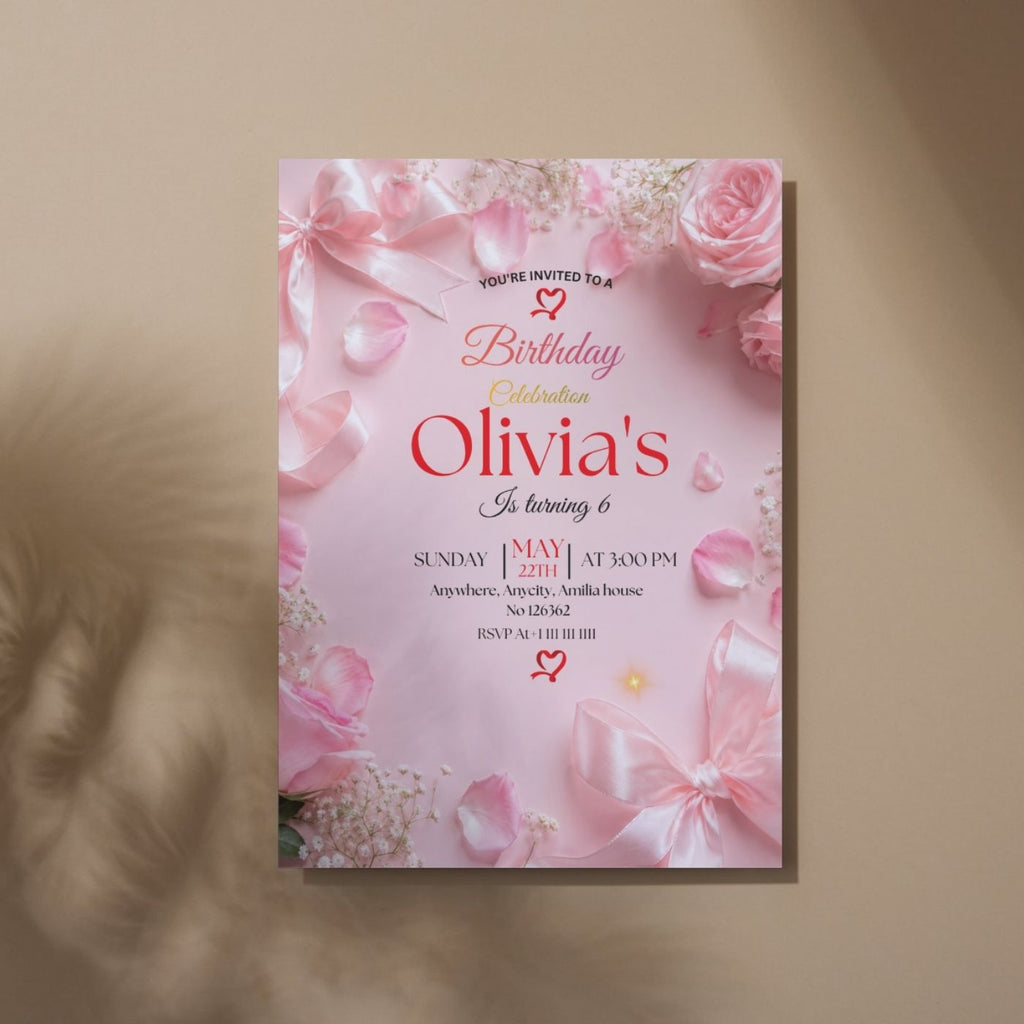 Pink Bow Coquette Rose birthday Invitation template Editable Canva Digital Download