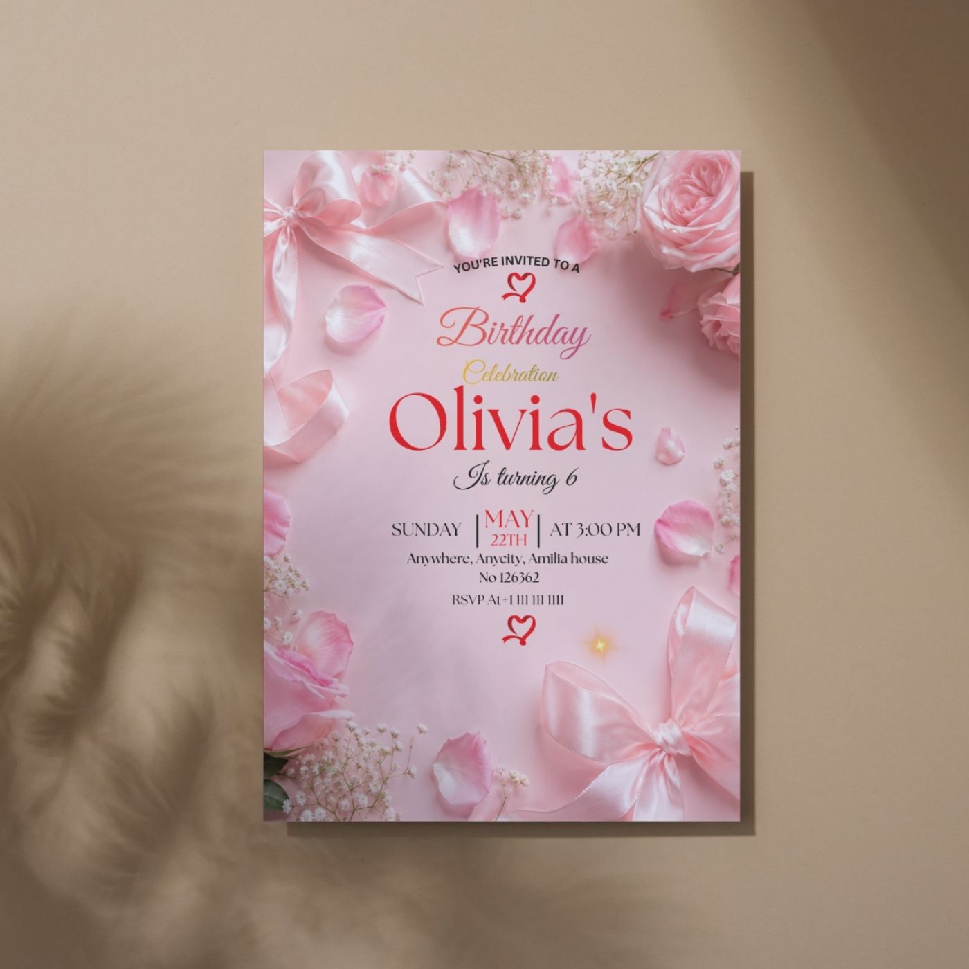 Pink Bow Coquette Rose birthday Invitation template Editable Canva Digital Download