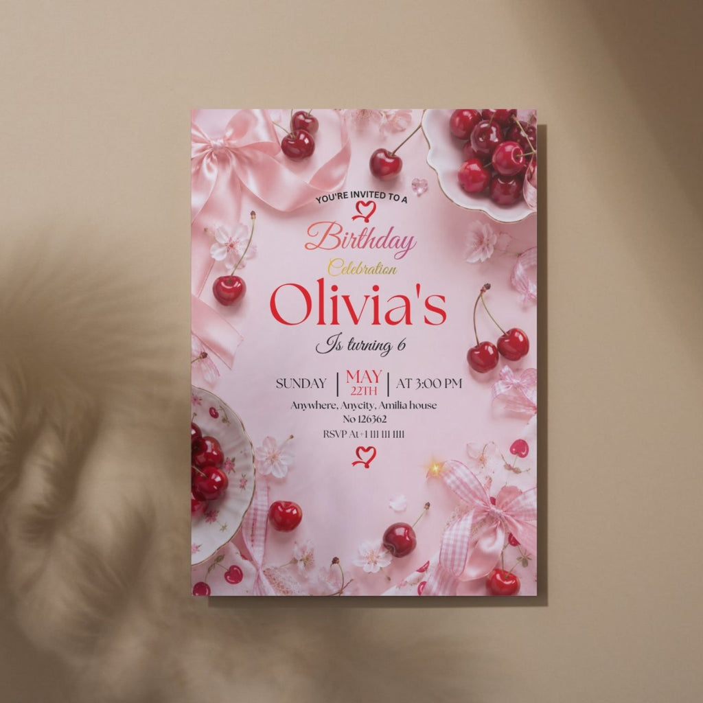 Cherry Birthday Invitation Template Editable Canva Digital Download (5×7) In