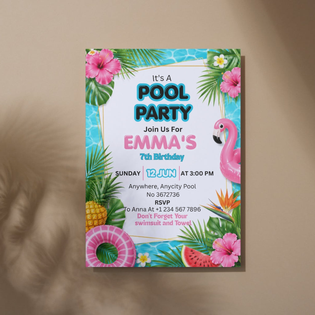 Pool Party birthday Invitation Template Editable Canva Digital Download (5×7)in
