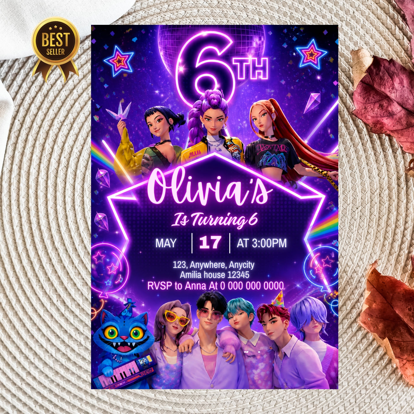 Kpop birthday Invitation Template, 6th Birthday Editable Canva Digital Download (5×7)in