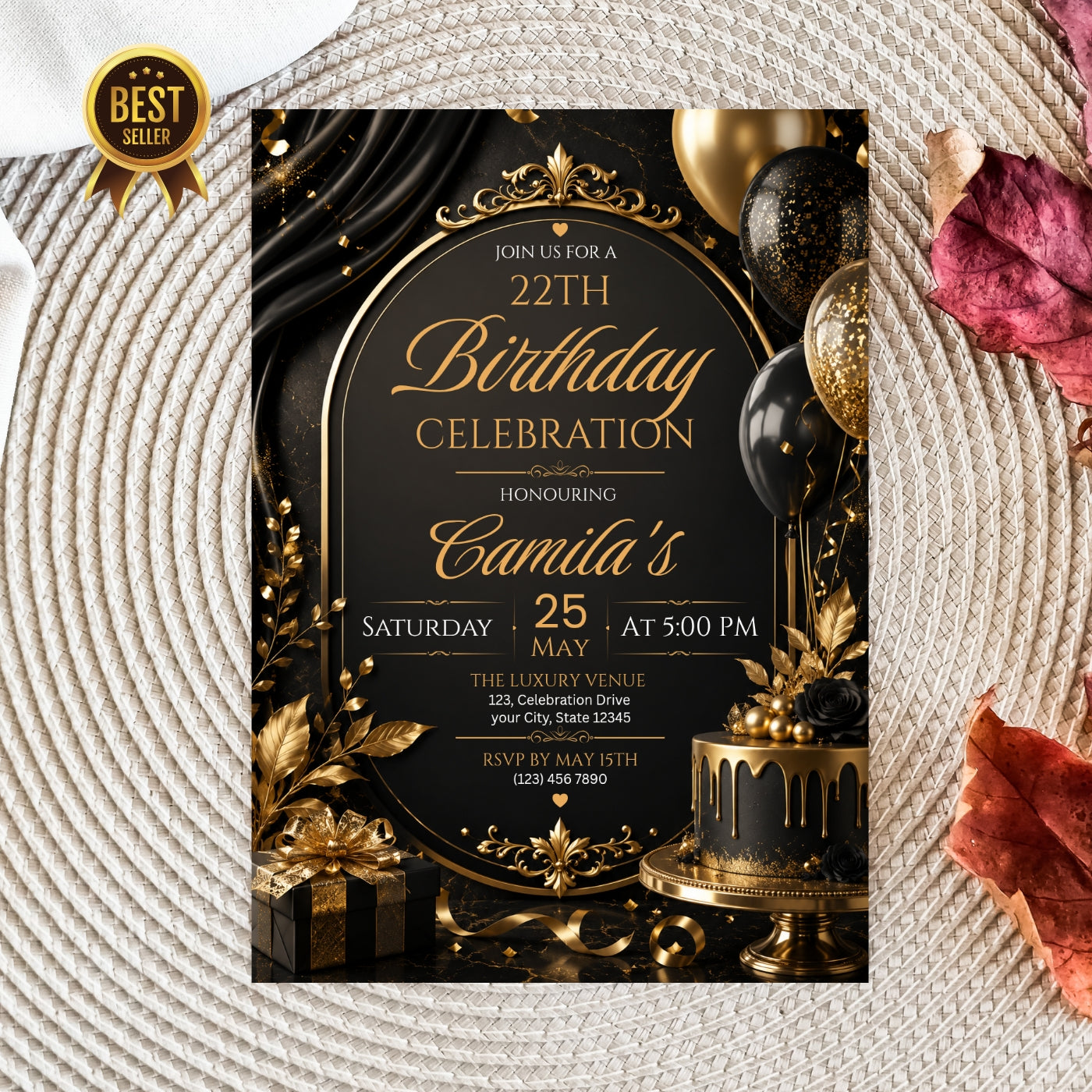 Editable Luxury Birthday Invitation Template | Black And Gold Birthday Invitation Canva digital download