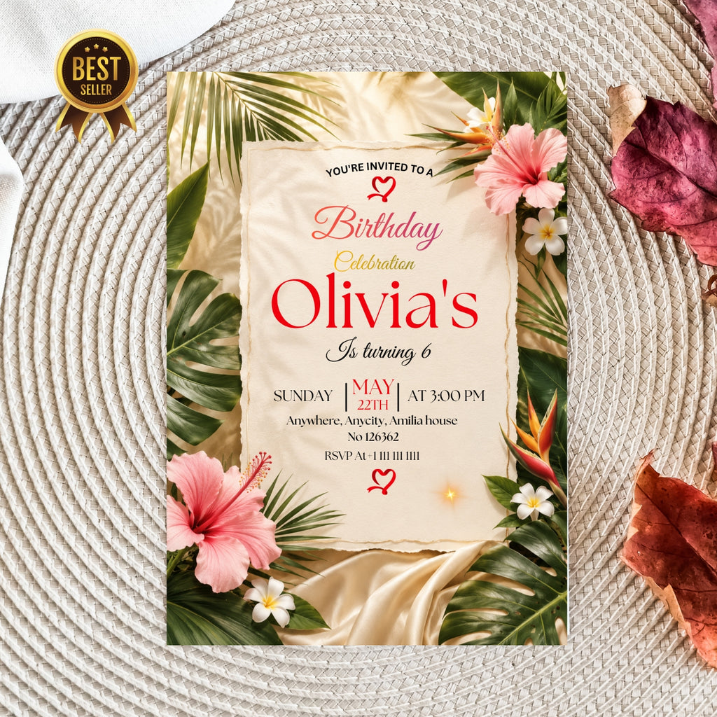 Tropical Birthday Invitation Template editable Canva Digital Download(5×7)In