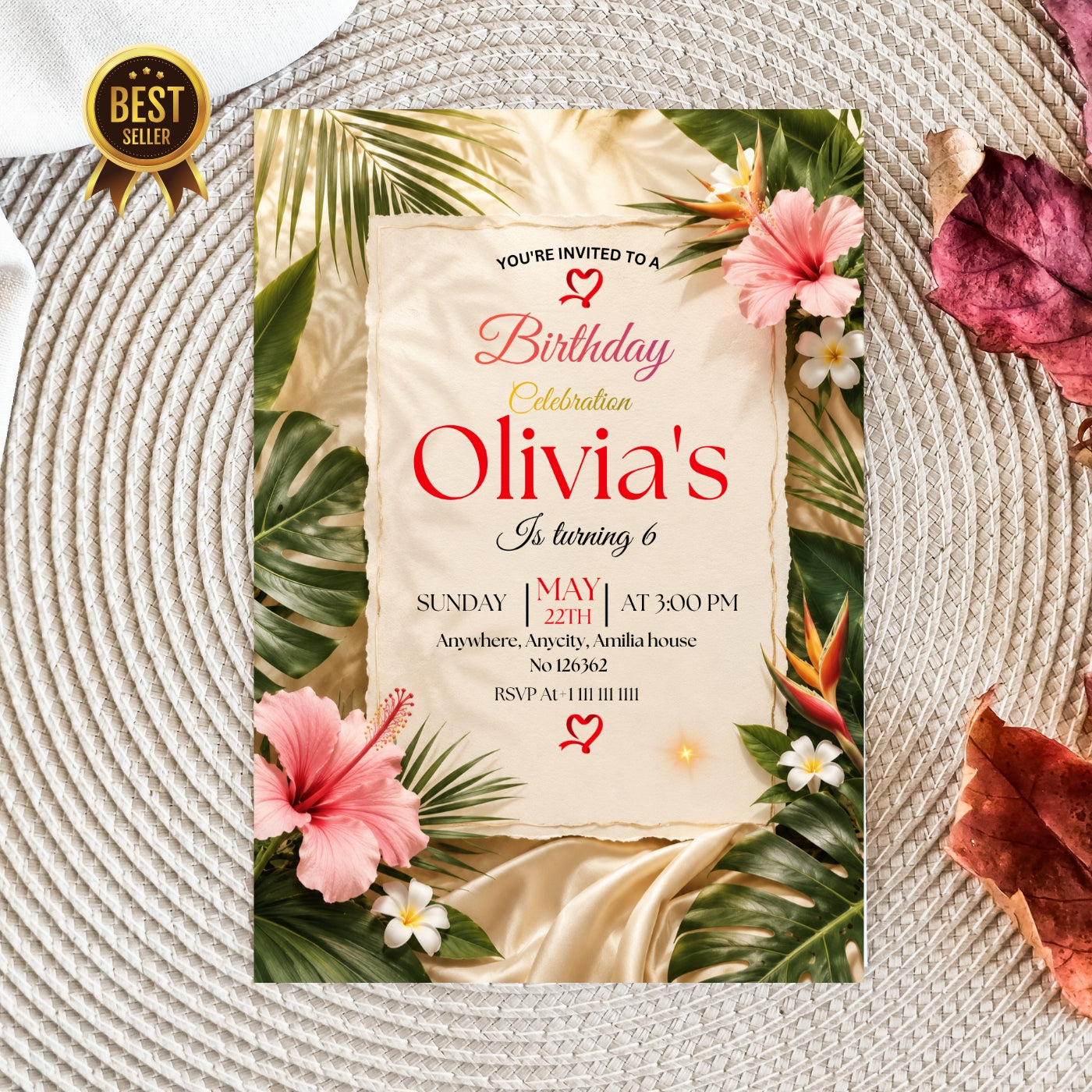 Tropical Birthday Invitation Template editable Canva Digital Download(5×7)In