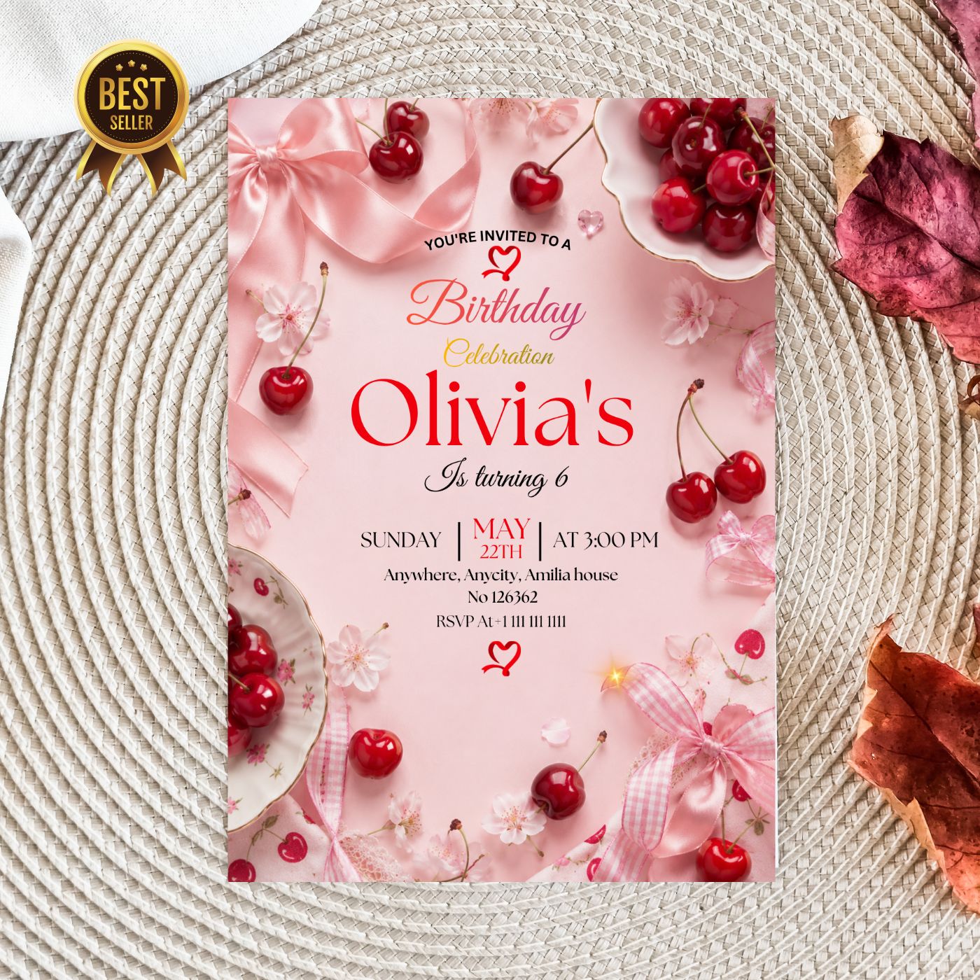 Cherry Birthday Invitation Template Editable Canva Digital Download (5×7) In