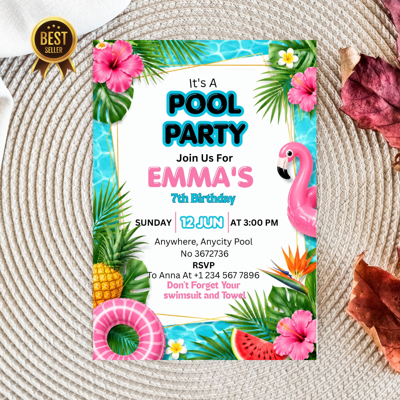 Pool Party birthday Invitation Template Editable Canva Digital Download (5×7)in