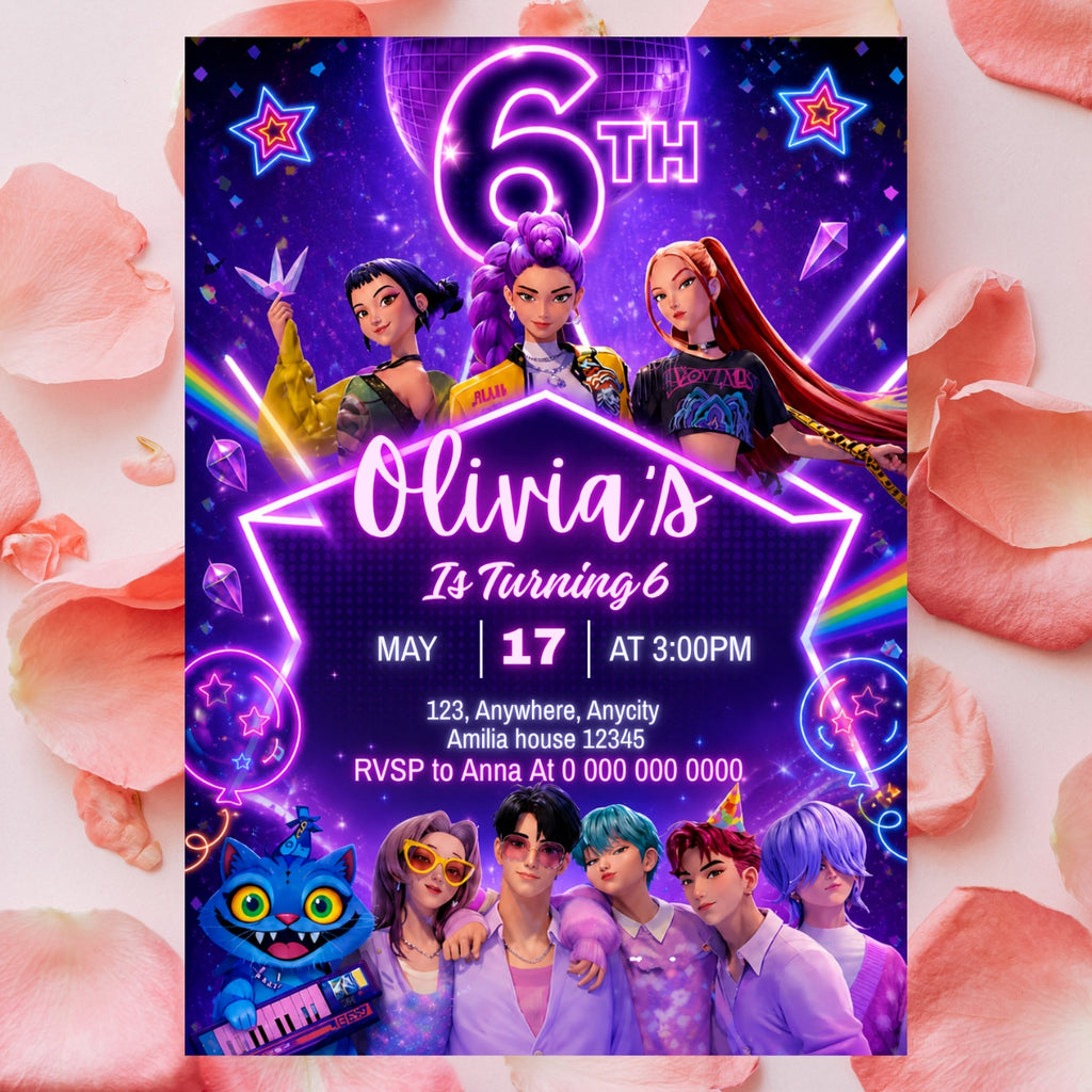 Kpop birthday Invitation Template, 6th Birthday Editable Canva Digital Download (5×7)in
