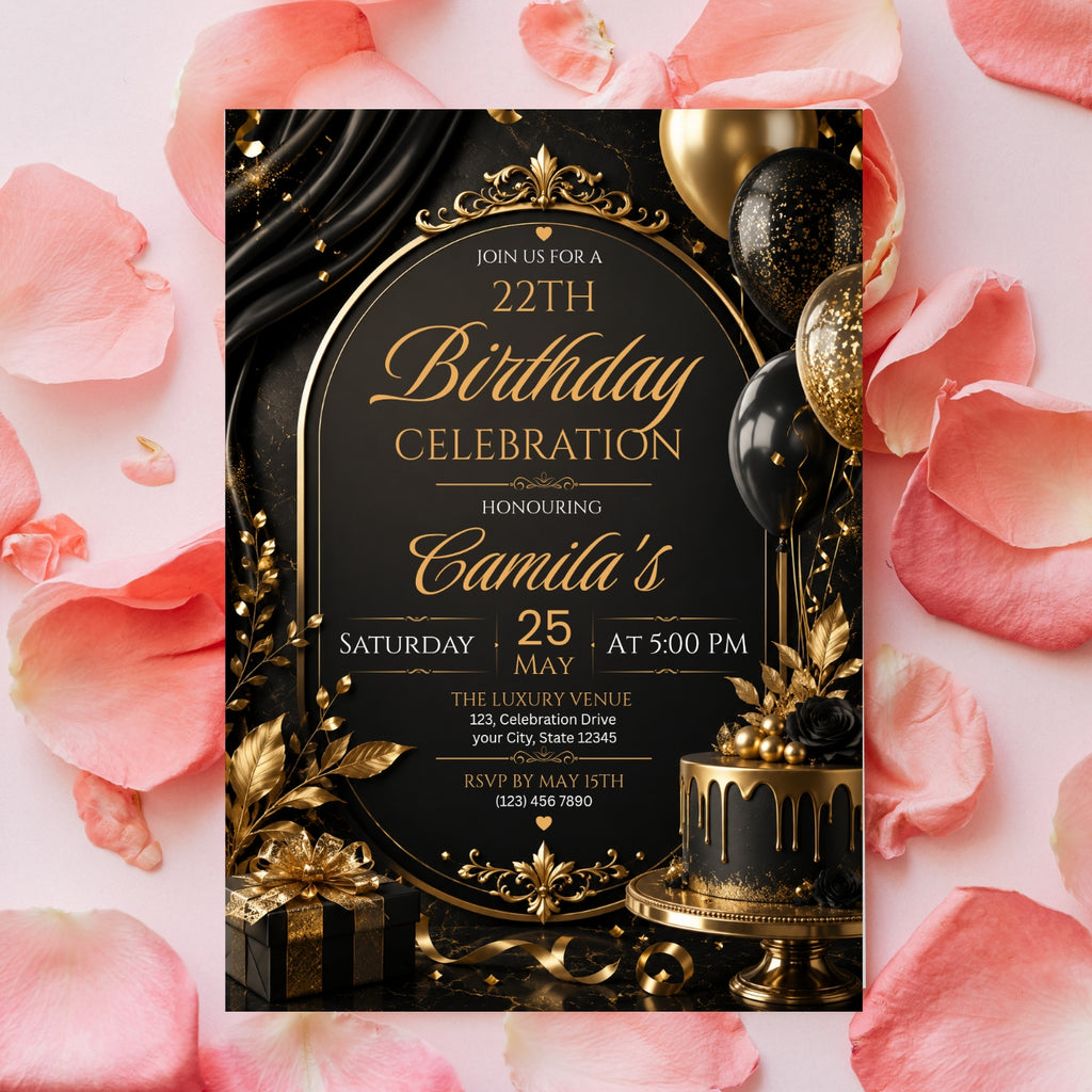 Editable Luxury Birthday Invitation Template | Black And Gold Birthday Invitation Canva digital download