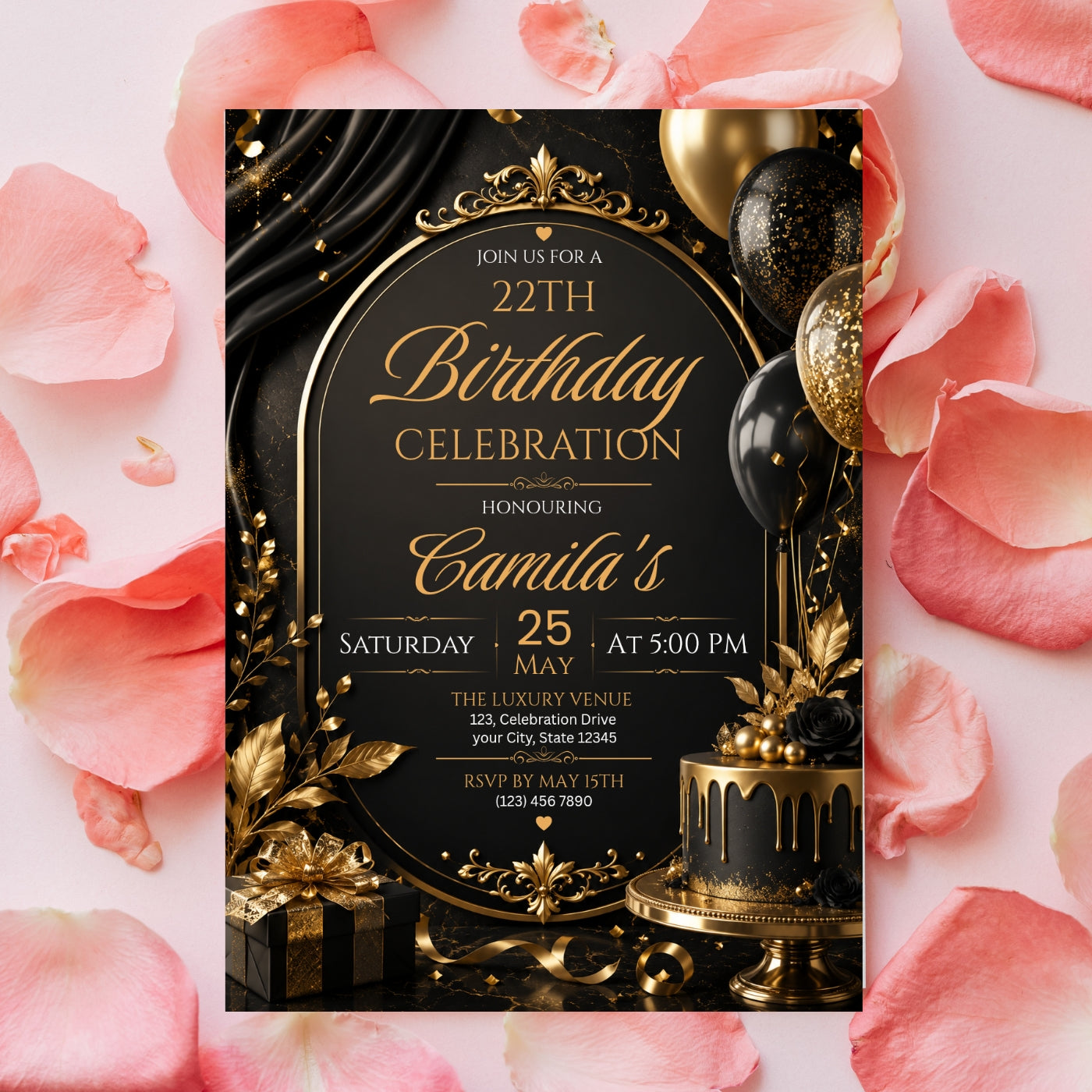 Editable Luxury Birthday Invitation Template | Black And Gold Birthday Invitation Canva digital download