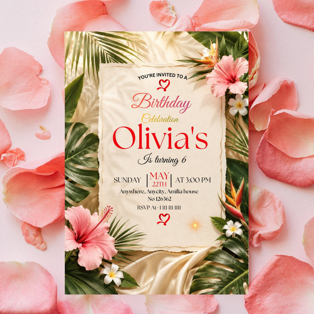 Tropical Birthday Invitation Template editable Canva Digital Download(5×7)In