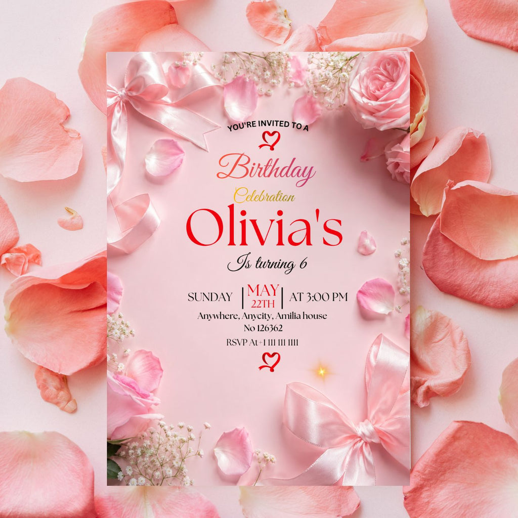 Pink Bow Coquette Rose birthday Invitation template Editable Canva Digital Download