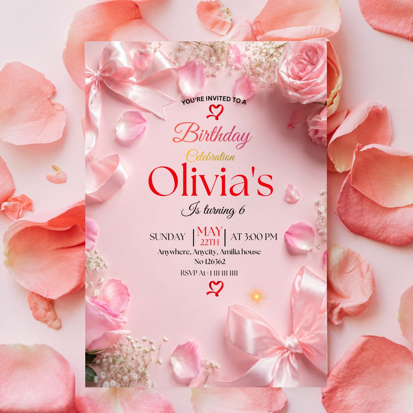 Pink Bow Coquette Rose birthday Invitation template Editable Canva Digital Download