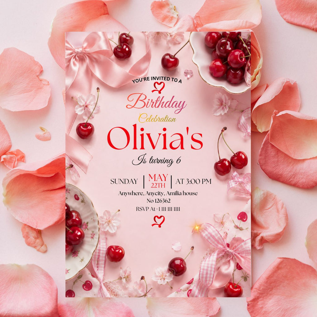 Cherry Birthday Invitation Template Editable Canva Digital Download (5×7) In