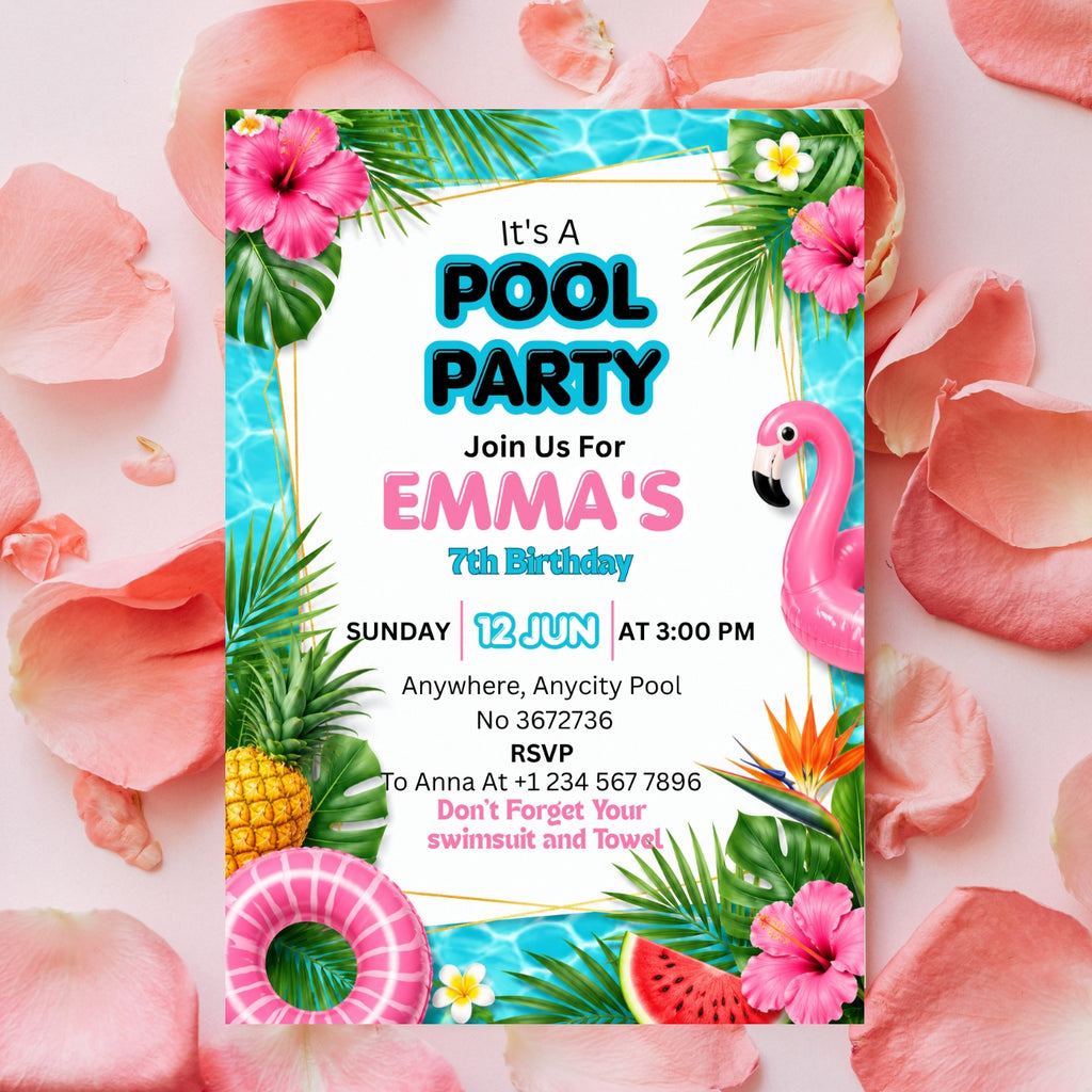 Pool Party birthday Invitation Template Editable Canva Digital Download (5×7)in
