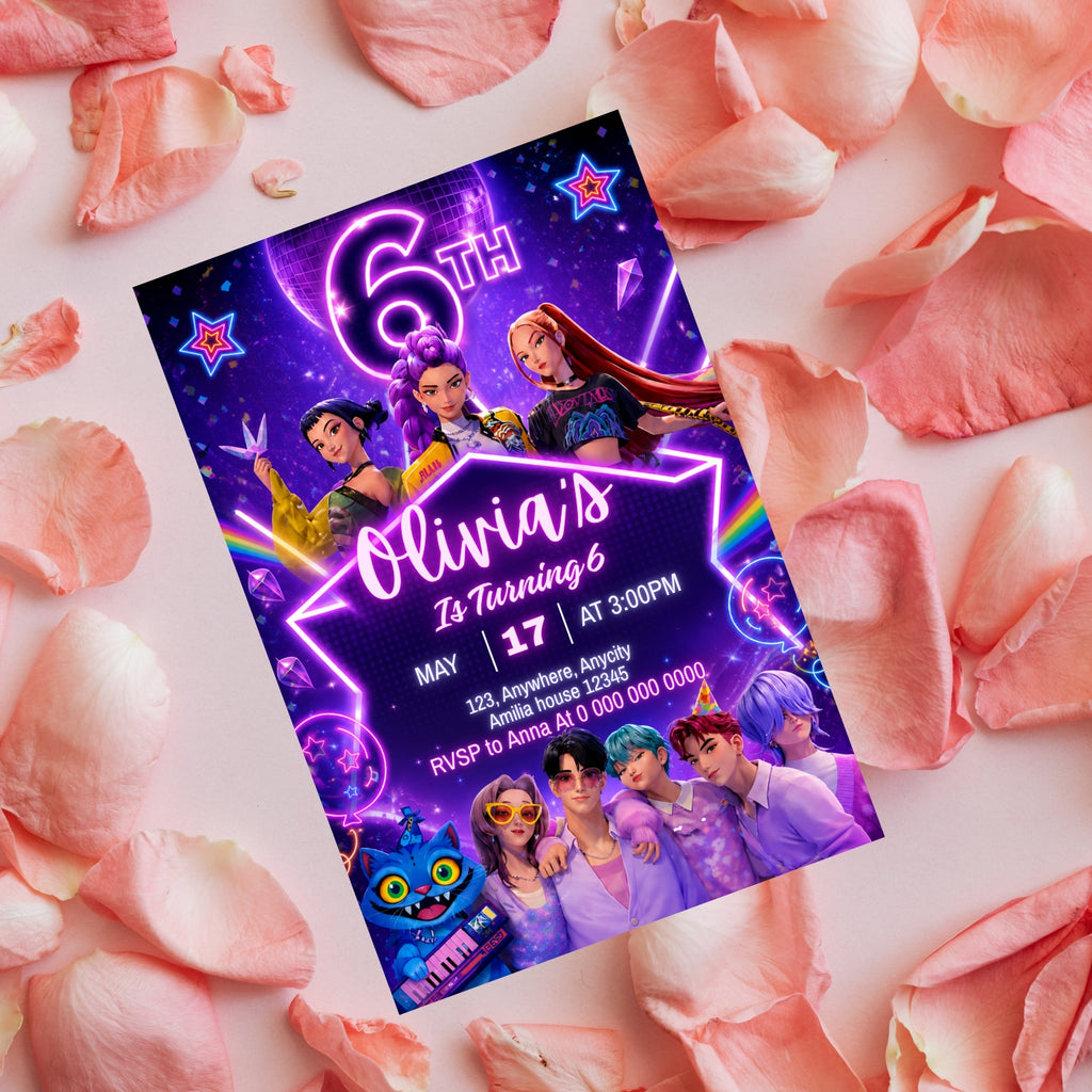 Kpop birthday Invitation Template, 6th Birthday Editable Canva Digital Download (5×7)in