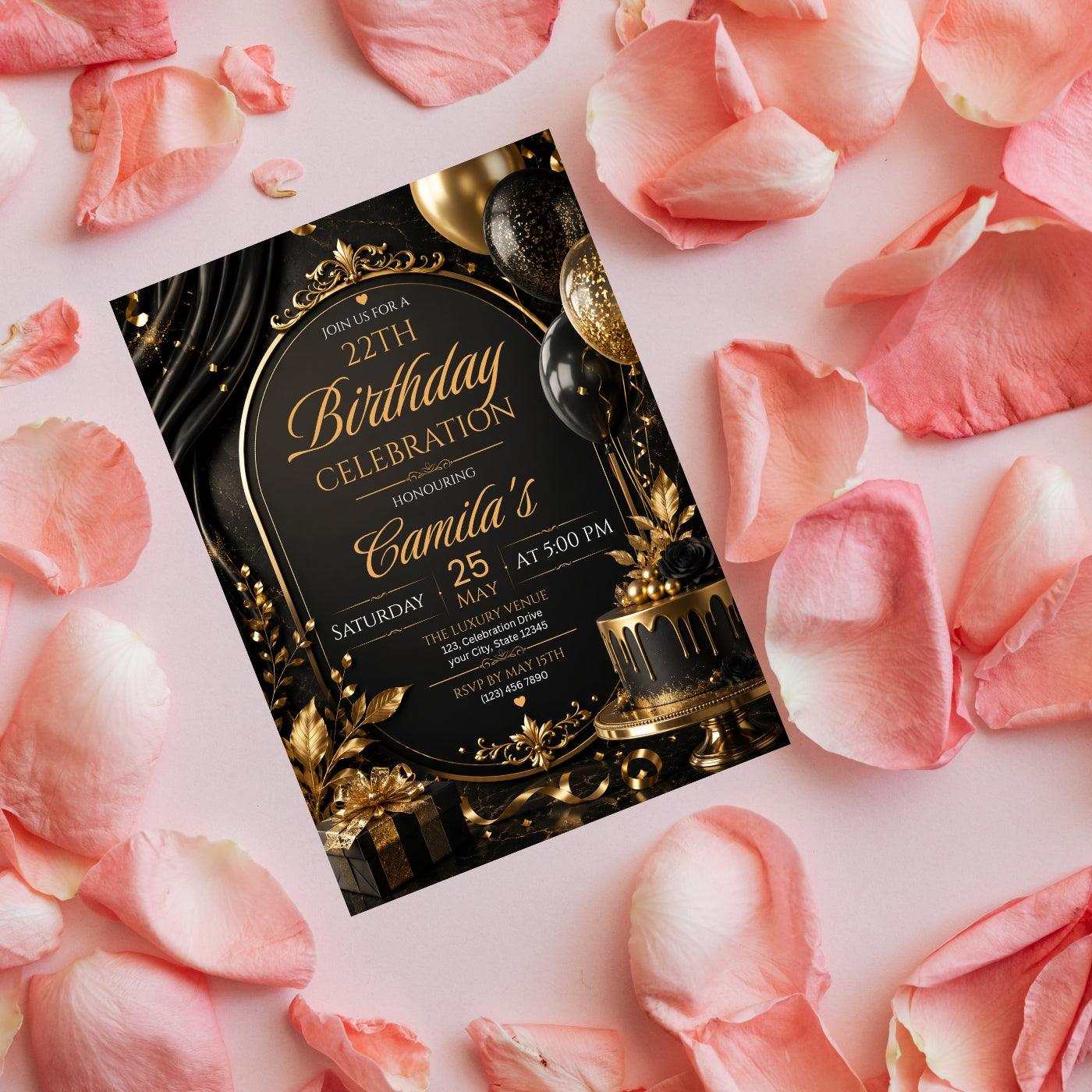 Editable Luxury Birthday Invitation Template | Black And Gold Birthday Invitation Canva digital download