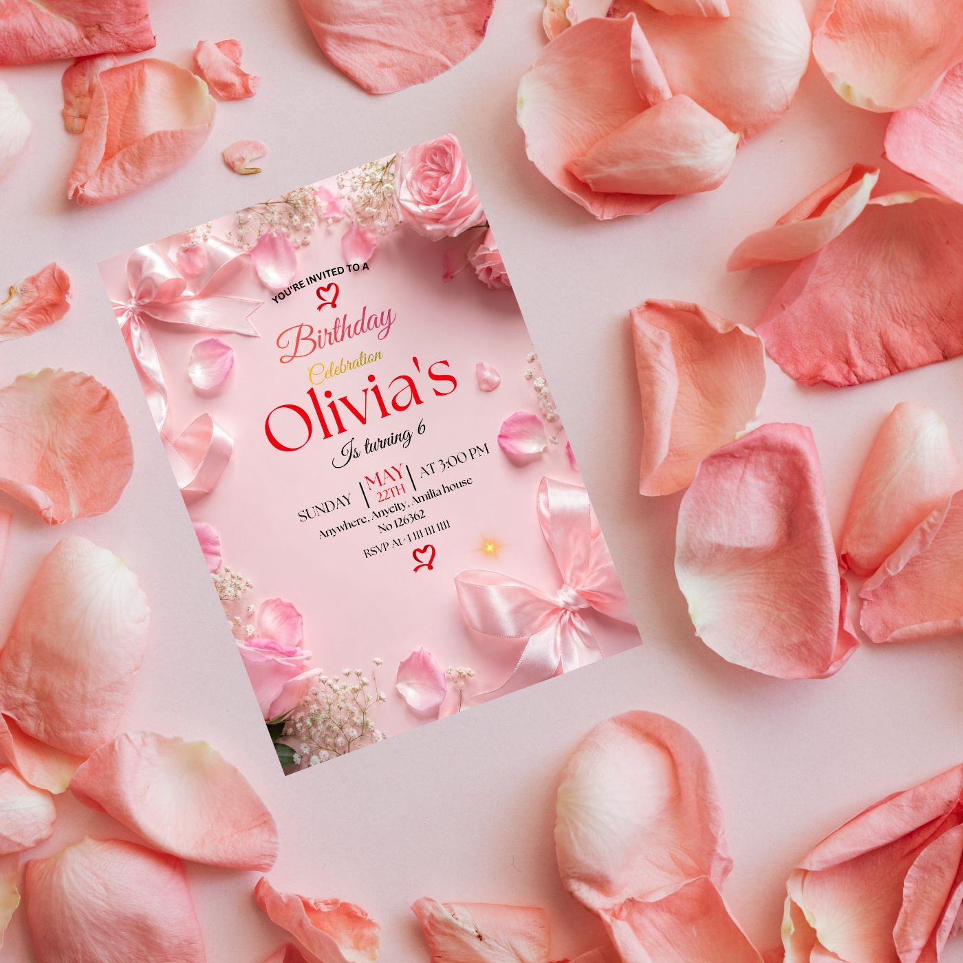 Pink Bow Coquette Rose birthday Invitation template Editable Canva Digital Download