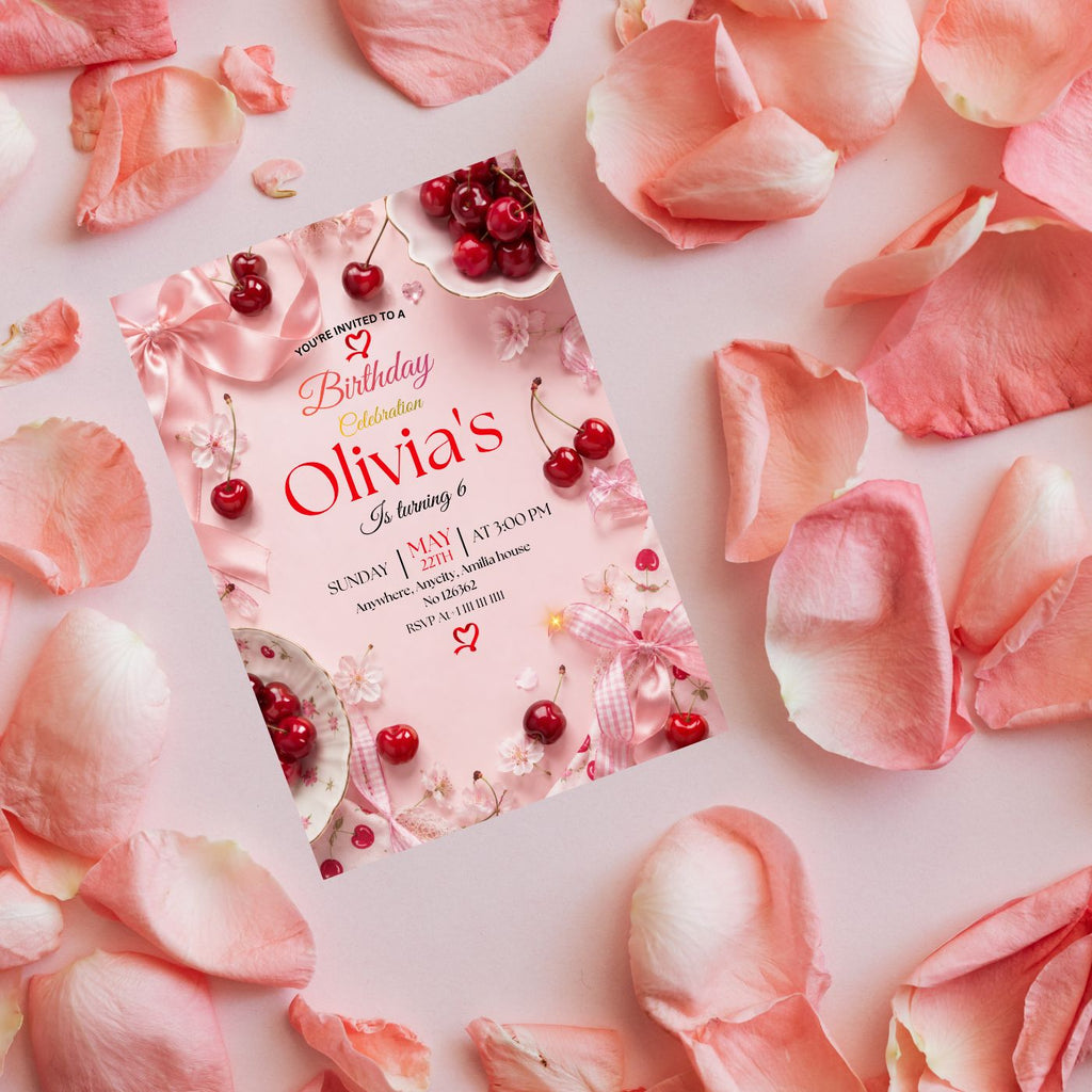 Cherry Birthday Invitation Template Editable Canva Digital Download (5×7) In