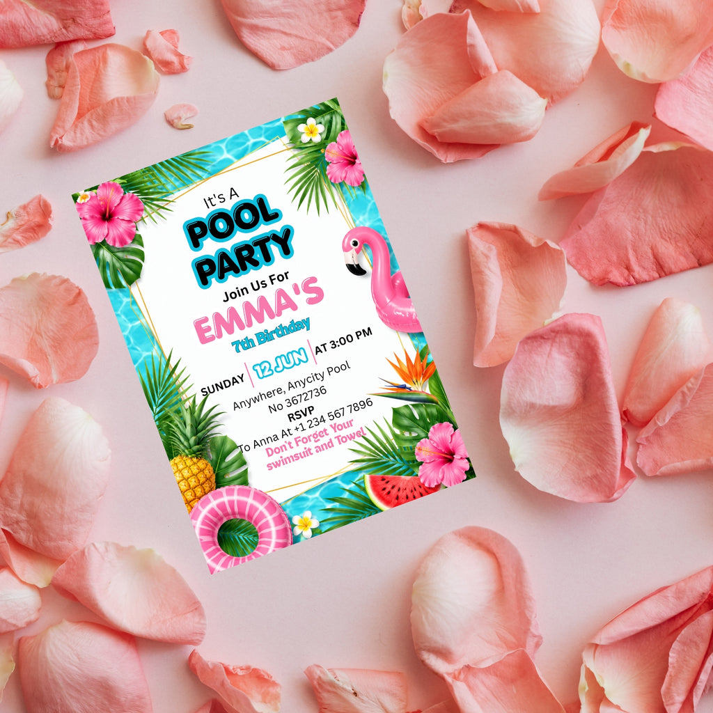 Pool Party birthday Invitation Template Editable Canva Digital Download (5×7)in