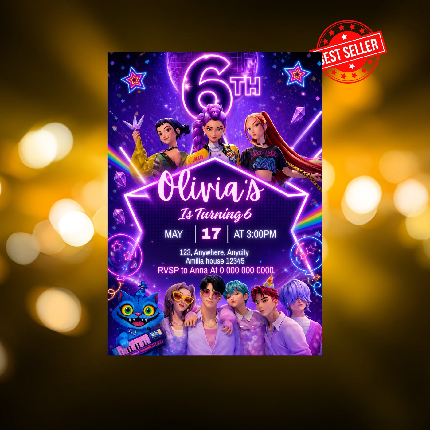 Kpop birthday Invitation Template, 6th Birthday Editable Canva Digital Download (5×7)in