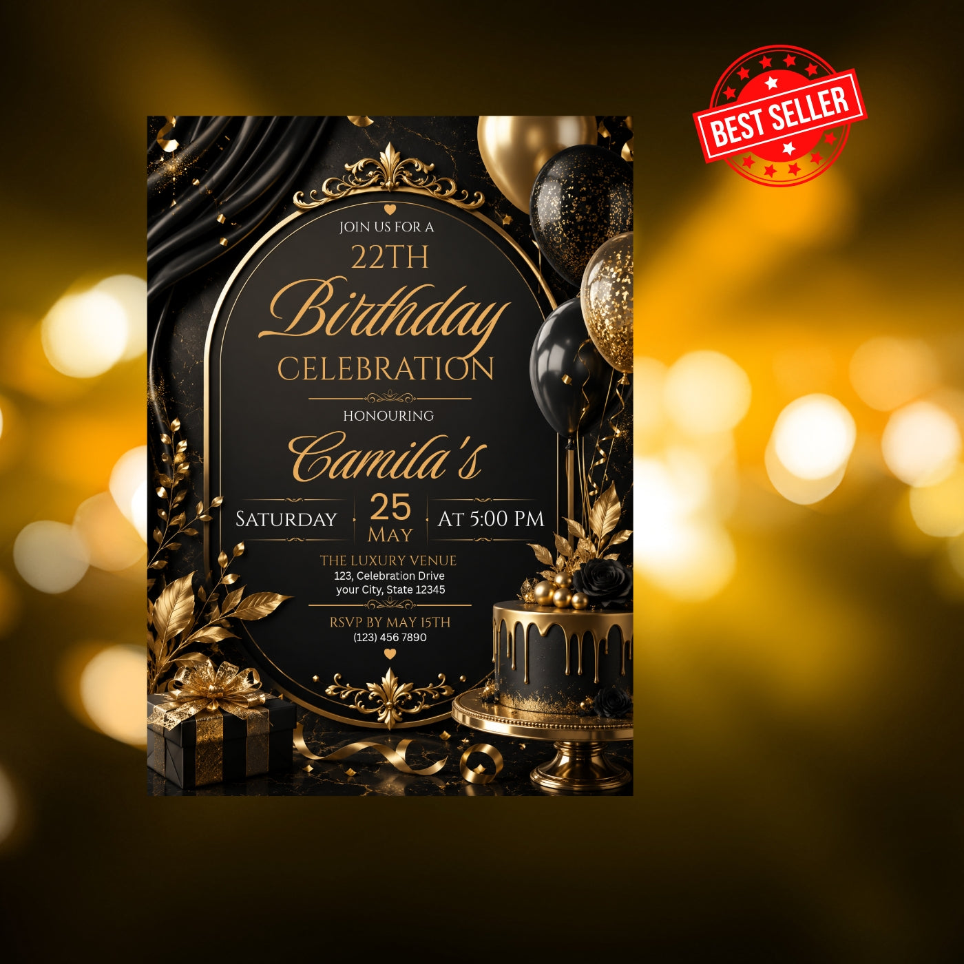 Editable Luxury Birthday Invitation Template | Black And Gold Birthday Invitation Canva digital download