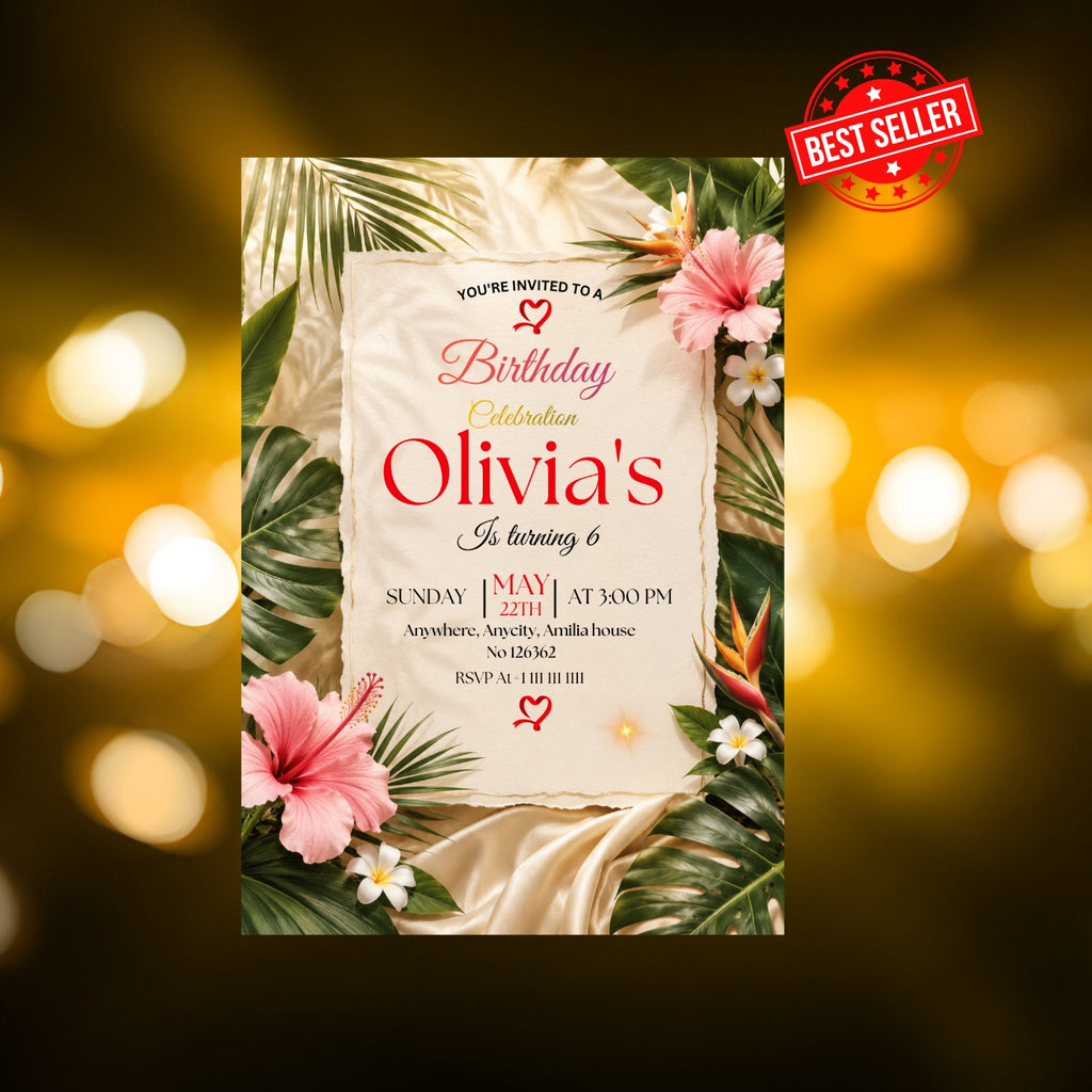 Tropical Birthday Invitation Template editable Canva Digital Download(5×7)In