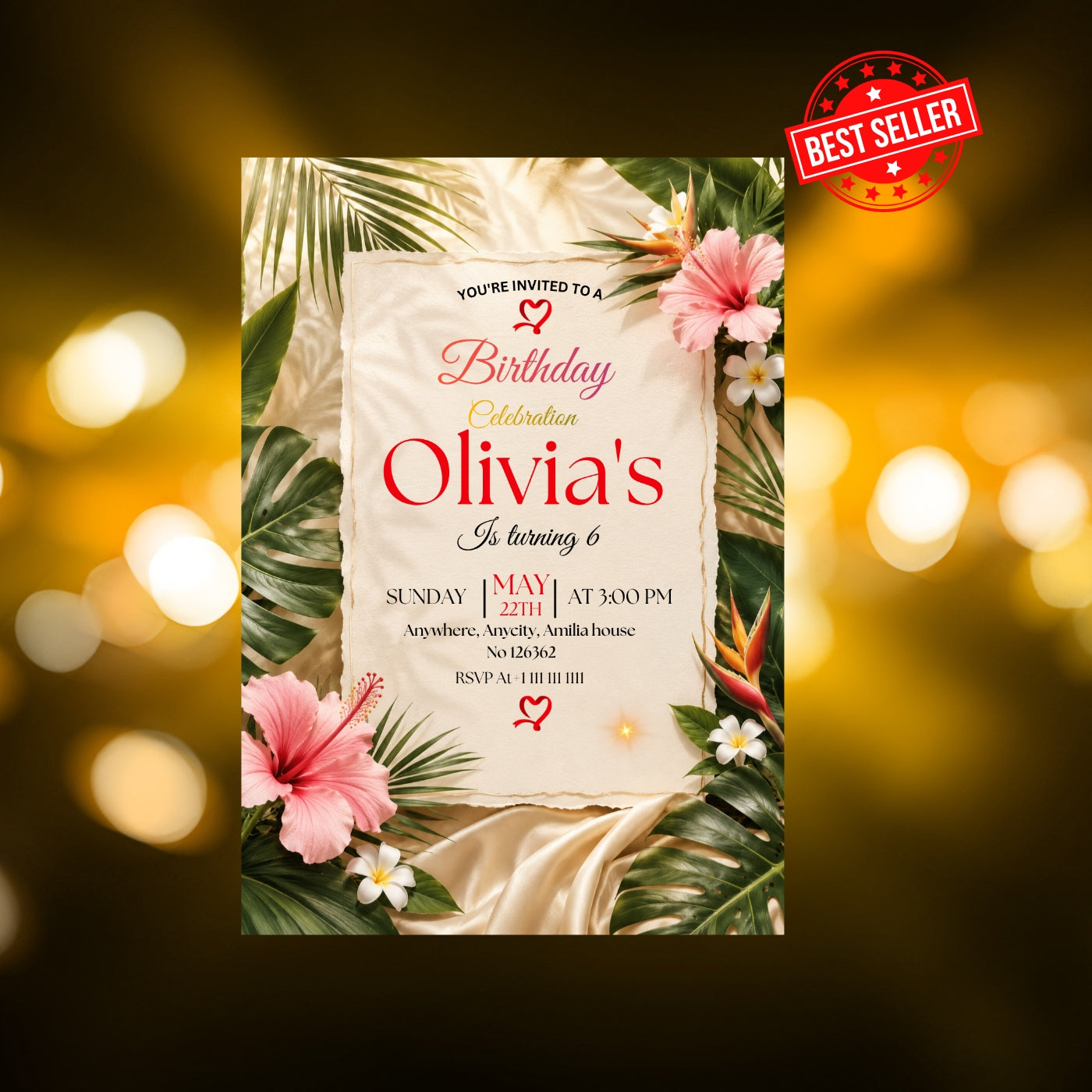 Tropical Birthday Invitation Template editable Canva Digital Download(5×7)In