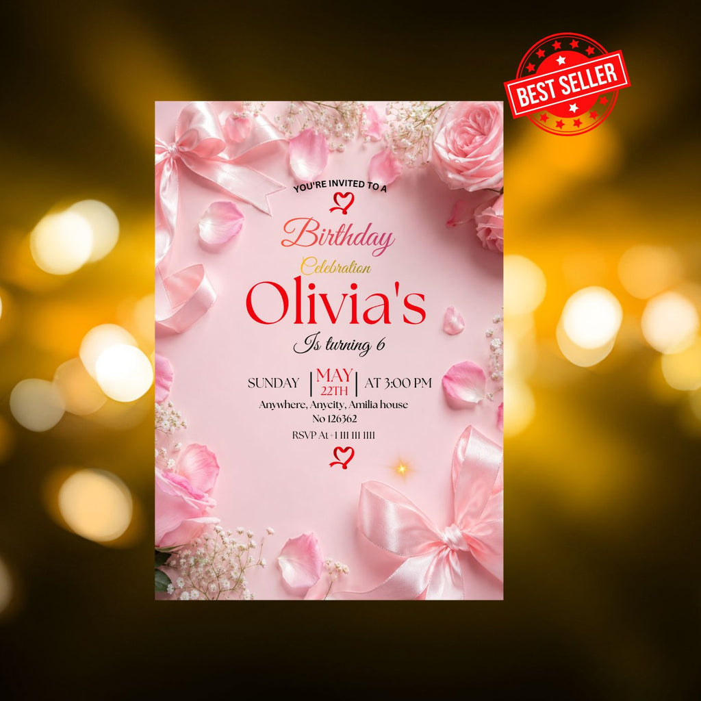 Pink Bow Coquette Rose birthday Invitation template Editable Canva Digital Download