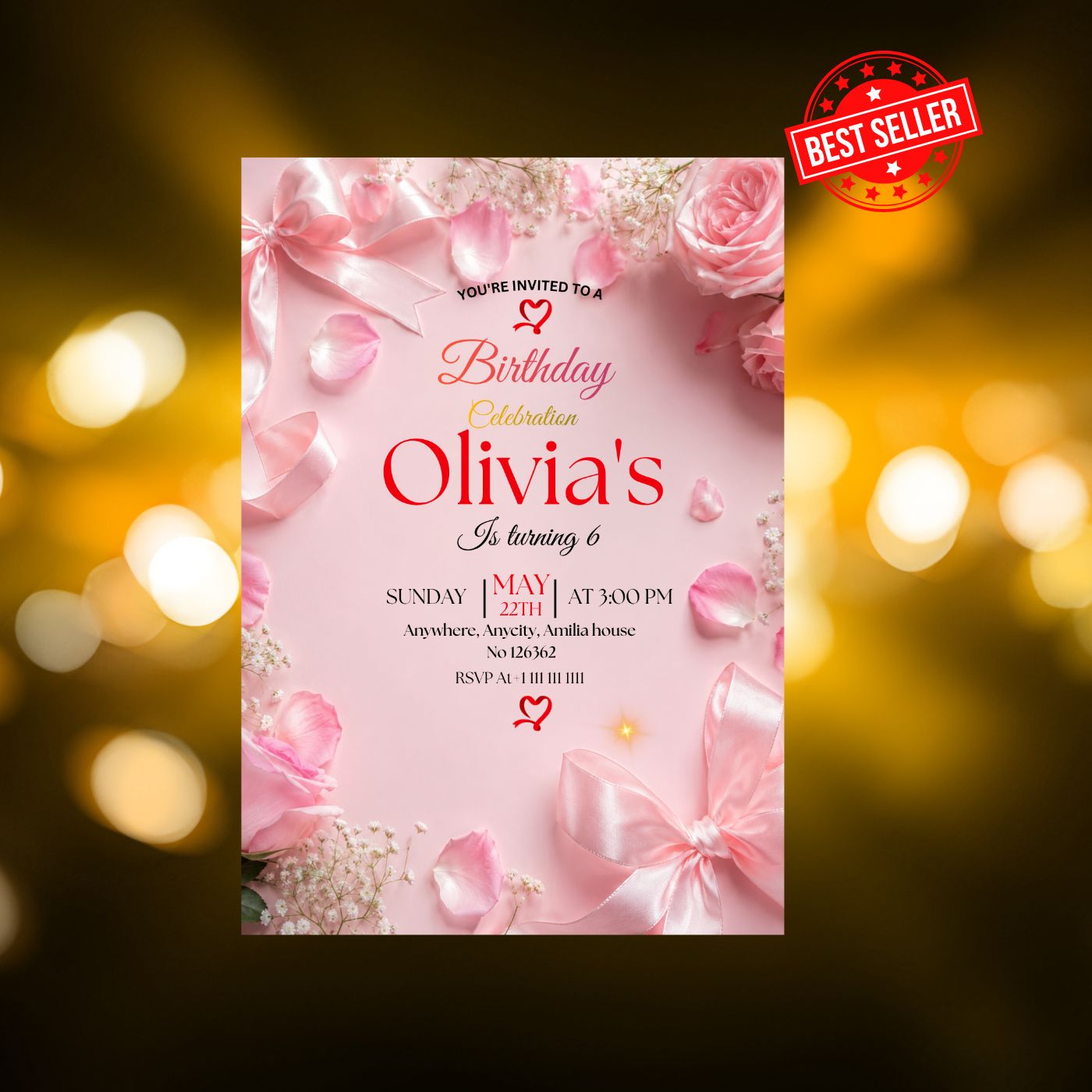 Pink Bow Coquette Rose birthday Invitation template Editable Canva Digital Download