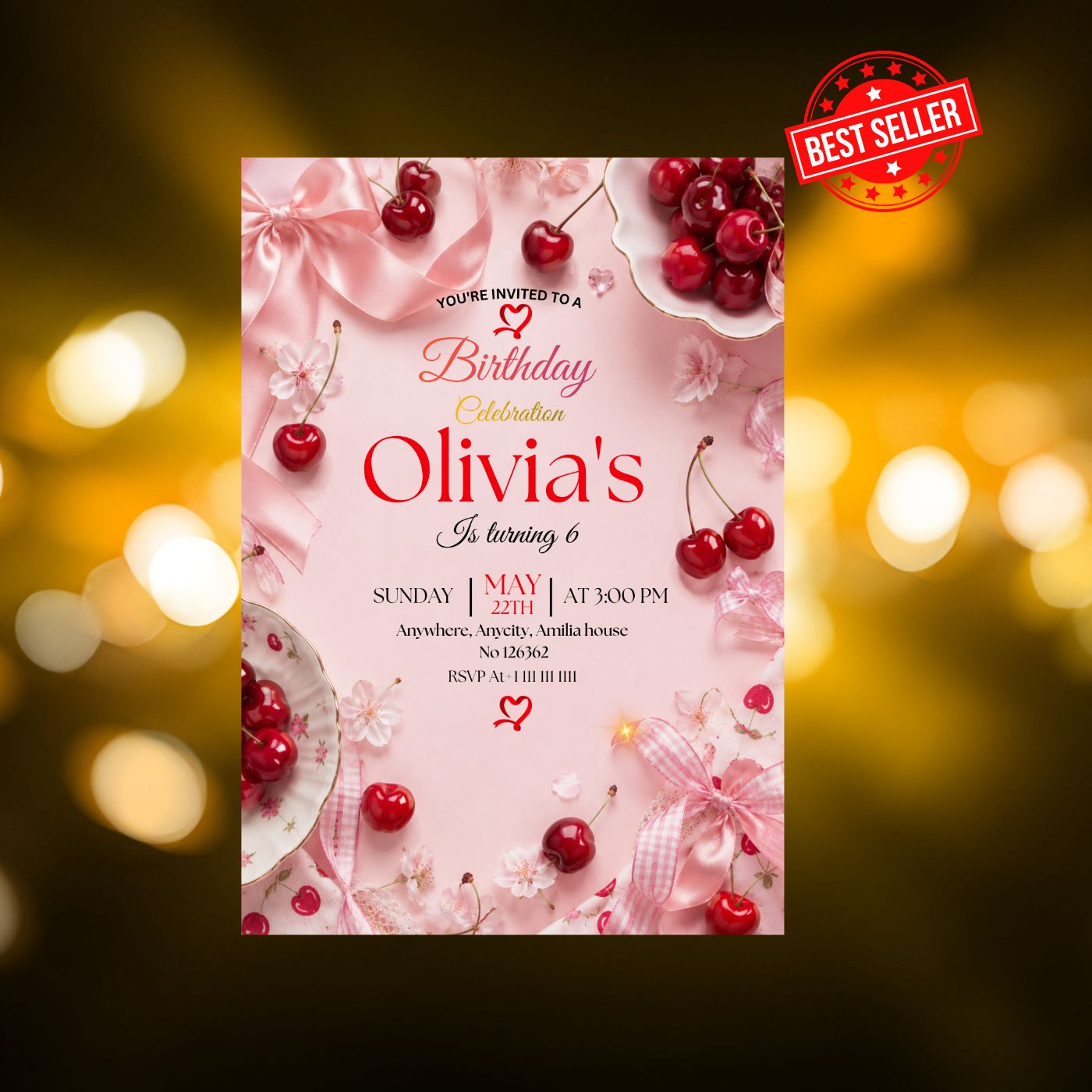 Cherry Birthday Invitation Template Editable Canva Digital Download (5×7) In