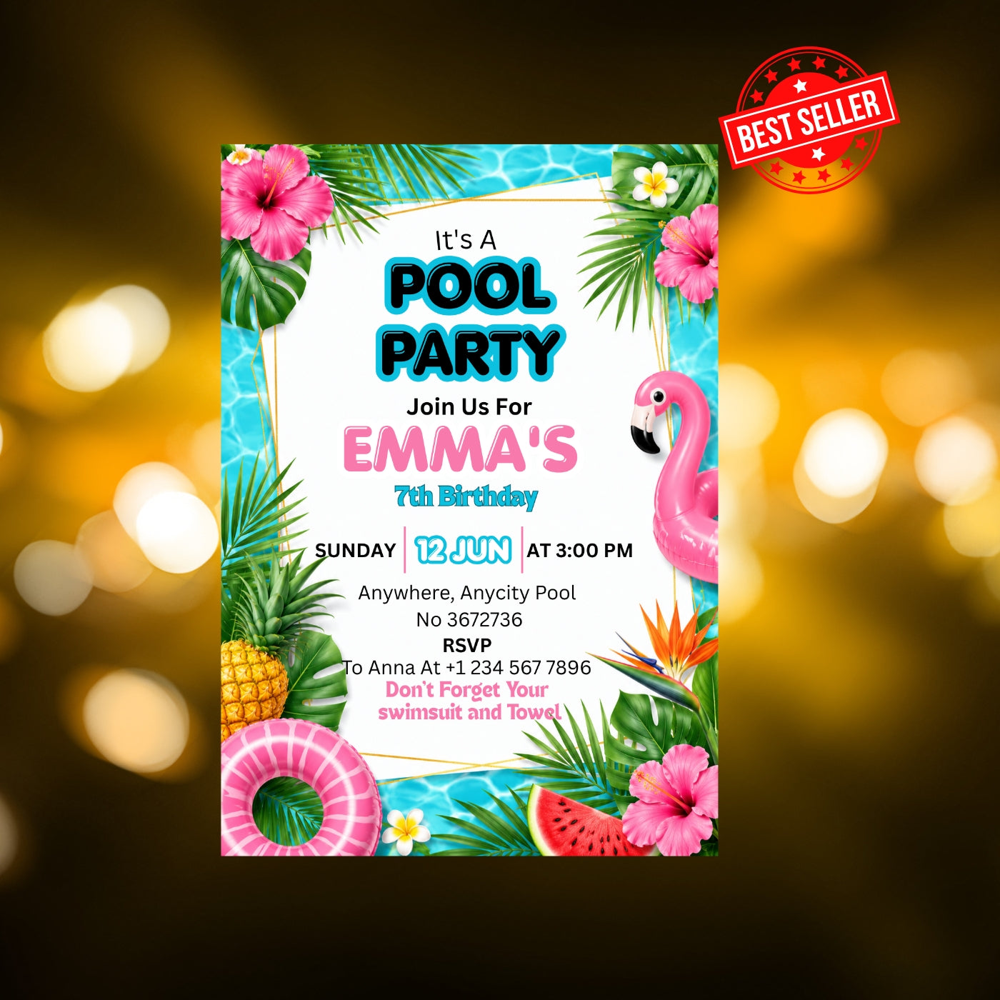 Pool Party birthday Invitation Template Editable Canva Digital Download (5×7)in