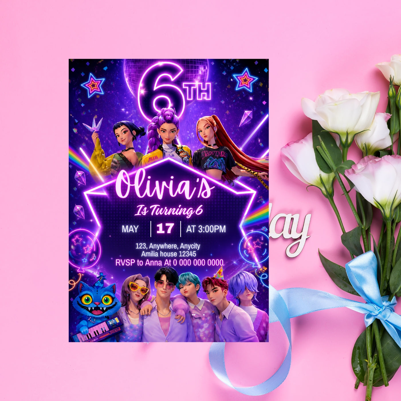 Kpop birthday Invitation Template, 6th Birthday Editable Canva Digital Download (5×7)in