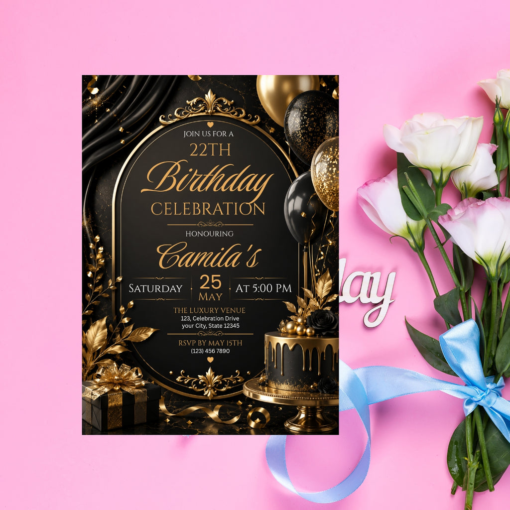 Editable Luxury Birthday Invitation Template | Black And Gold Birthday Invitation Canva digital download