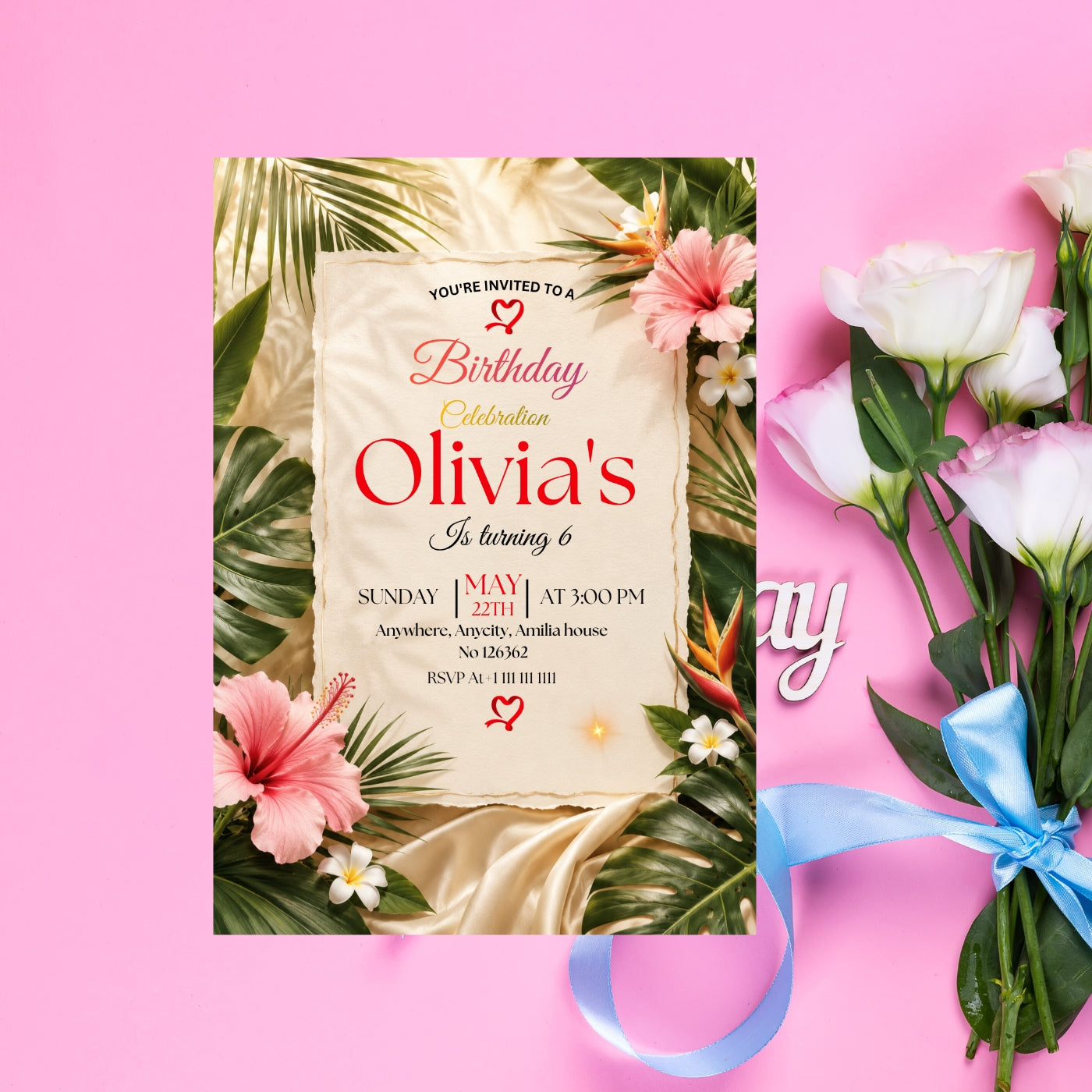Tropical Birthday Invitation Template editable Canva Digital Download(5×7)In
