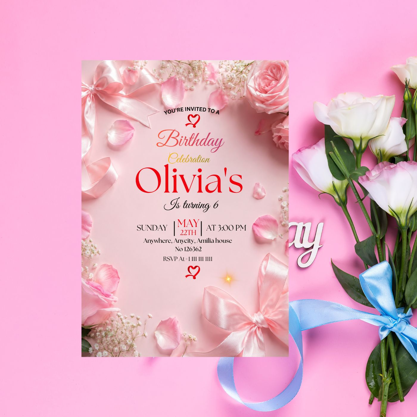 Pink Bow Coquette Rose birthday Invitation template Editable Canva Digital Download