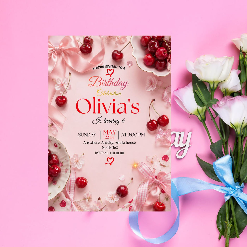 Cherry Birthday Invitation Template Editable Canva Digital Download (5×7) In