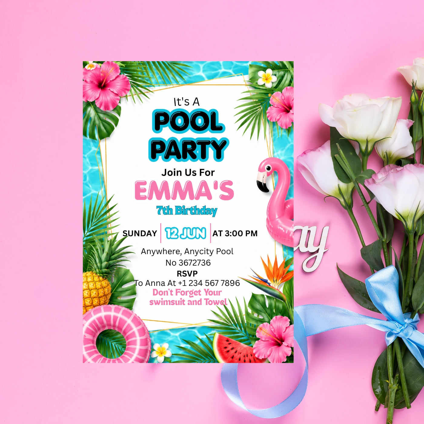 Pool Party birthday Invitation Template Editable Canva Digital Download (5×7)in