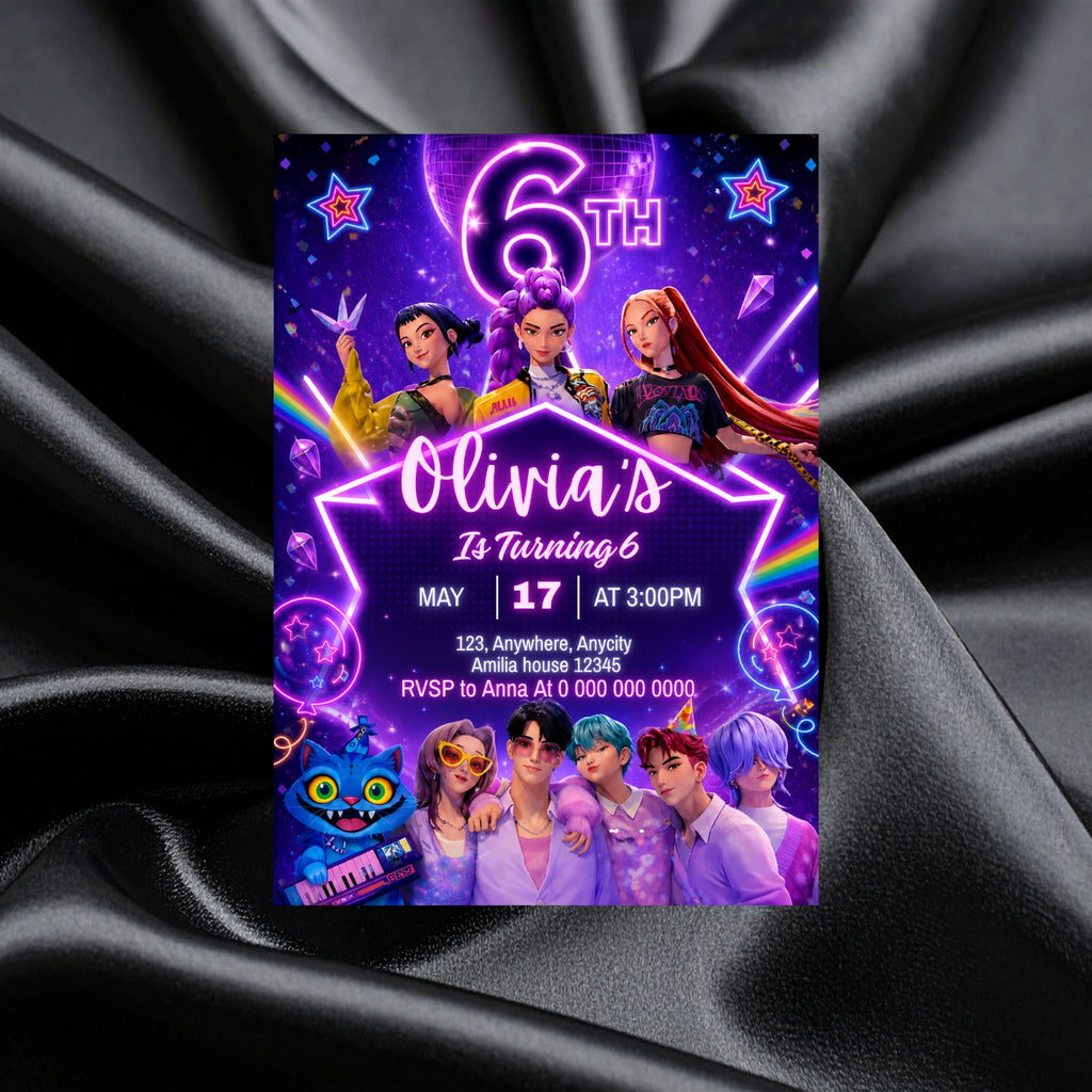 Kpop birthday Invitation Template, 6th Birthday Editable Canva Digital Download (5×7)in
