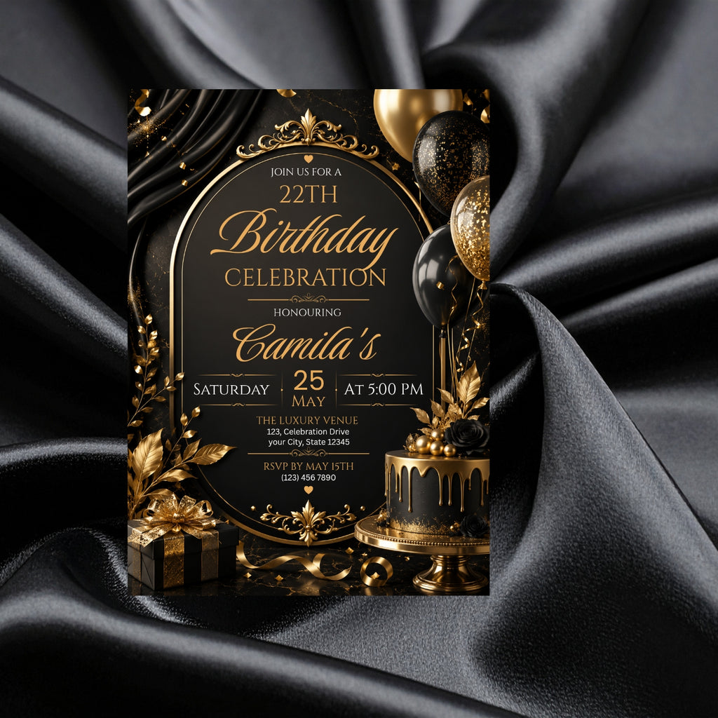 Editable Luxury Birthday Invitation Template | Black And Gold Birthday Invitation Canva digital download