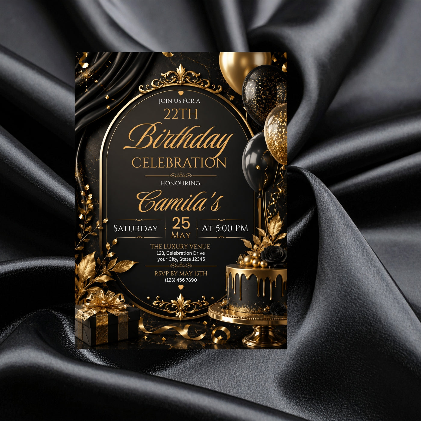 Editable Luxury Birthday Invitation Template | Black And Gold Birthday Invitation Canva digital download