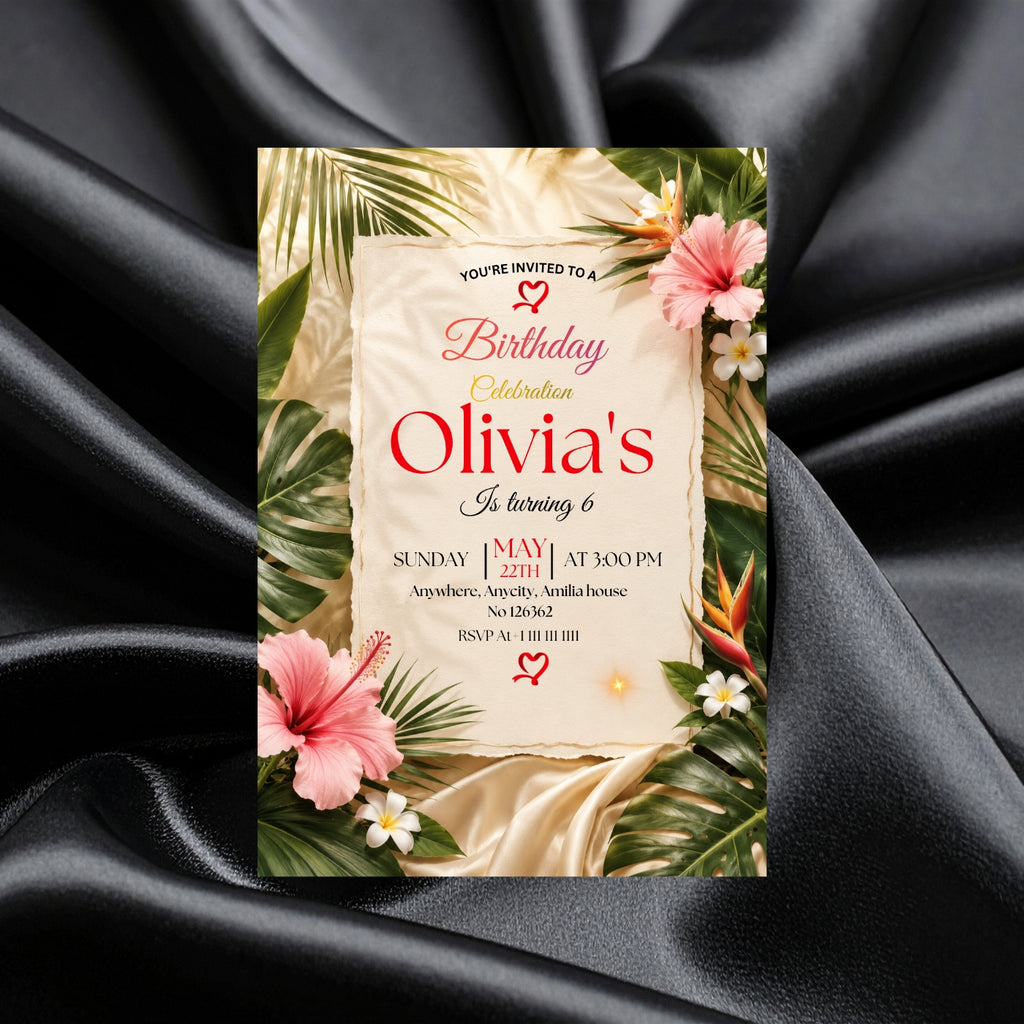 Tropical Birthday Invitation Template editable Canva Digital Download(5×7)In