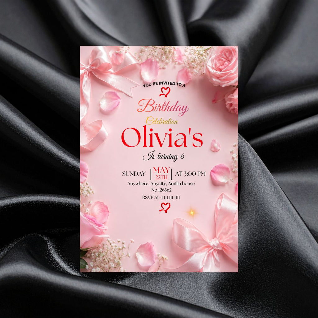 Pink Bow Coquette Rose birthday Invitation template Editable Canva Digital Download