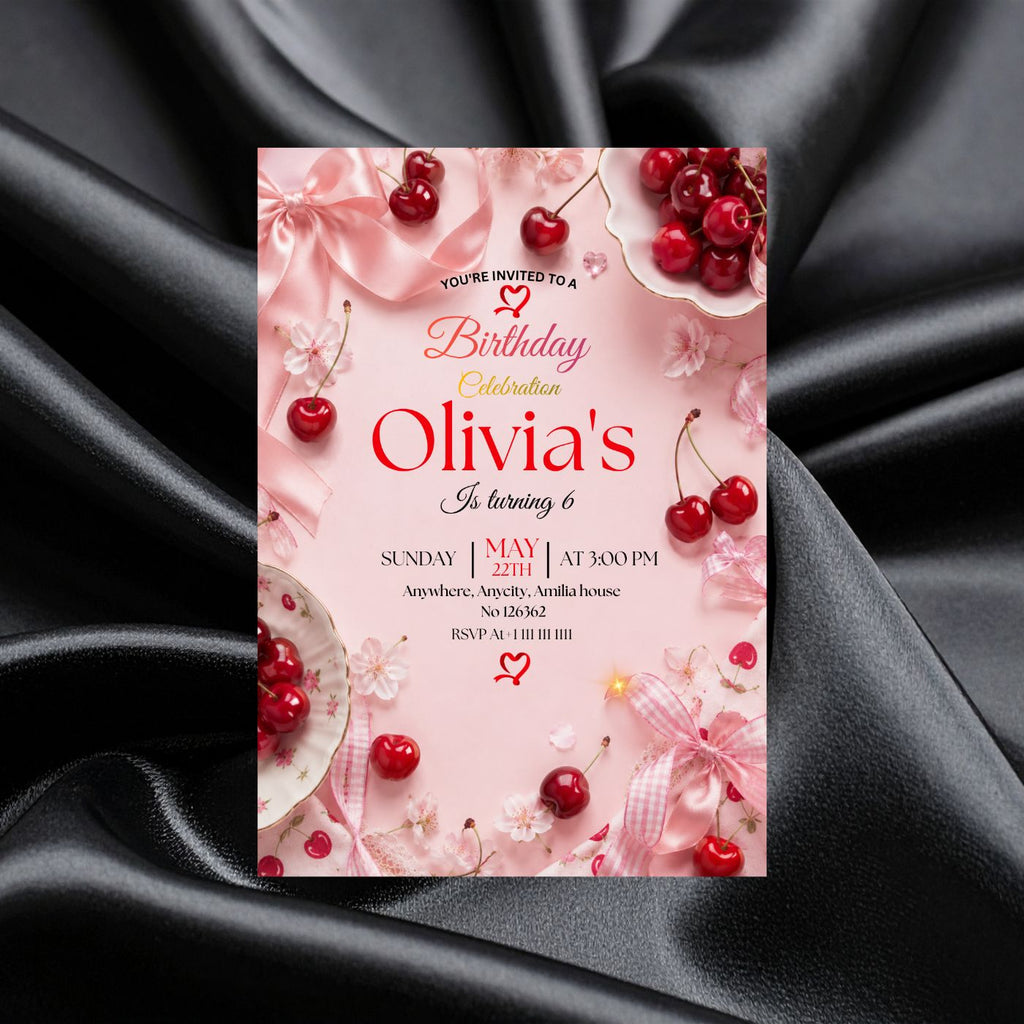 Cherry Birthday Invitation Template Editable Canva Digital Download (5×7) In