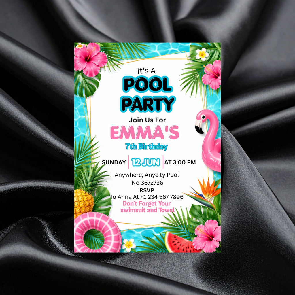 Pool Party birthday Invitation Template Editable Canva Digital Download (5×7)in