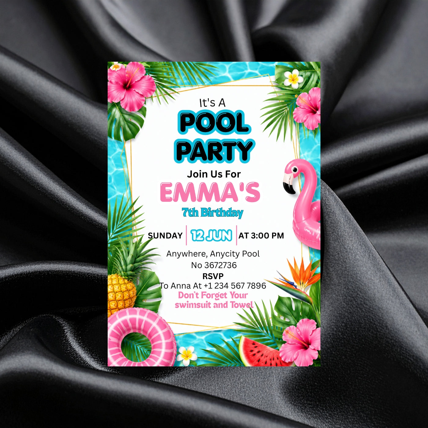 Pool Party birthday Invitation Template Editable Canva Digital Download (5×7)in