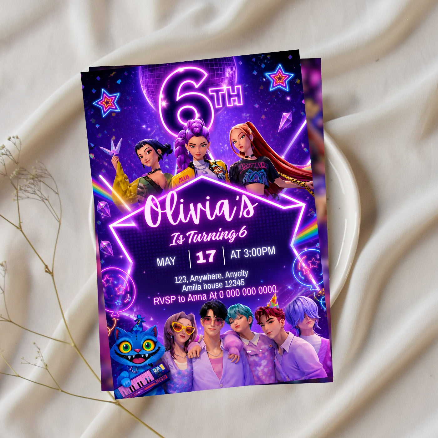 Kpop birthday Invitation Template, 6th Birthday Editable Canva Digital Download (5×7)in