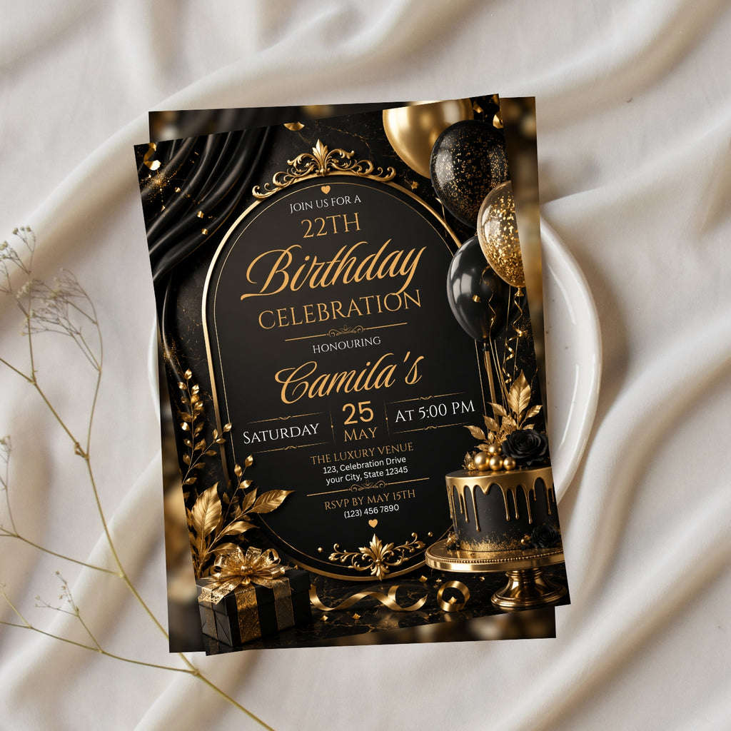 Editable Luxury Birthday Invitation Template | Black And Gold Birthday Invitation Canva digital download