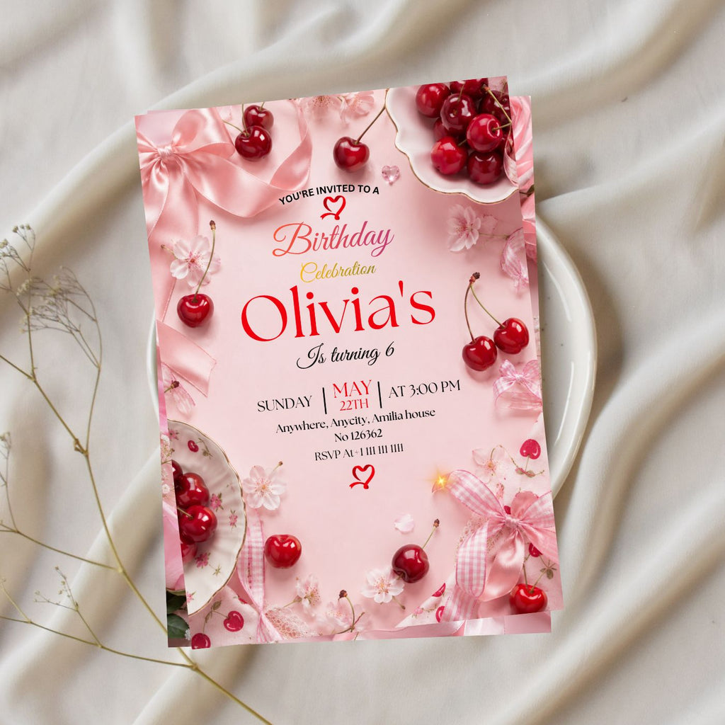 Cherry Birthday Invitation Template Editable Canva Digital Download (5×7) In