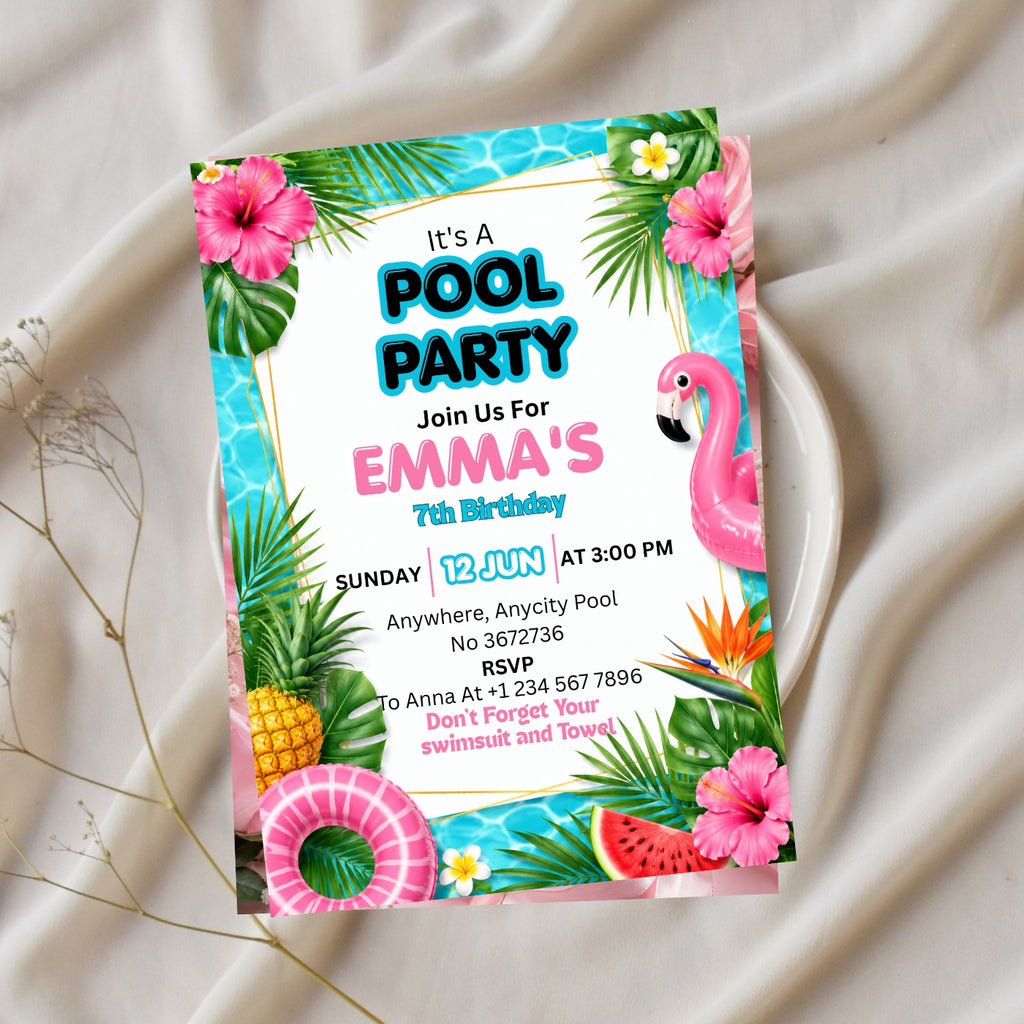 Pool Party birthday Invitation Template Editable Canva Digital Download (5×7)in