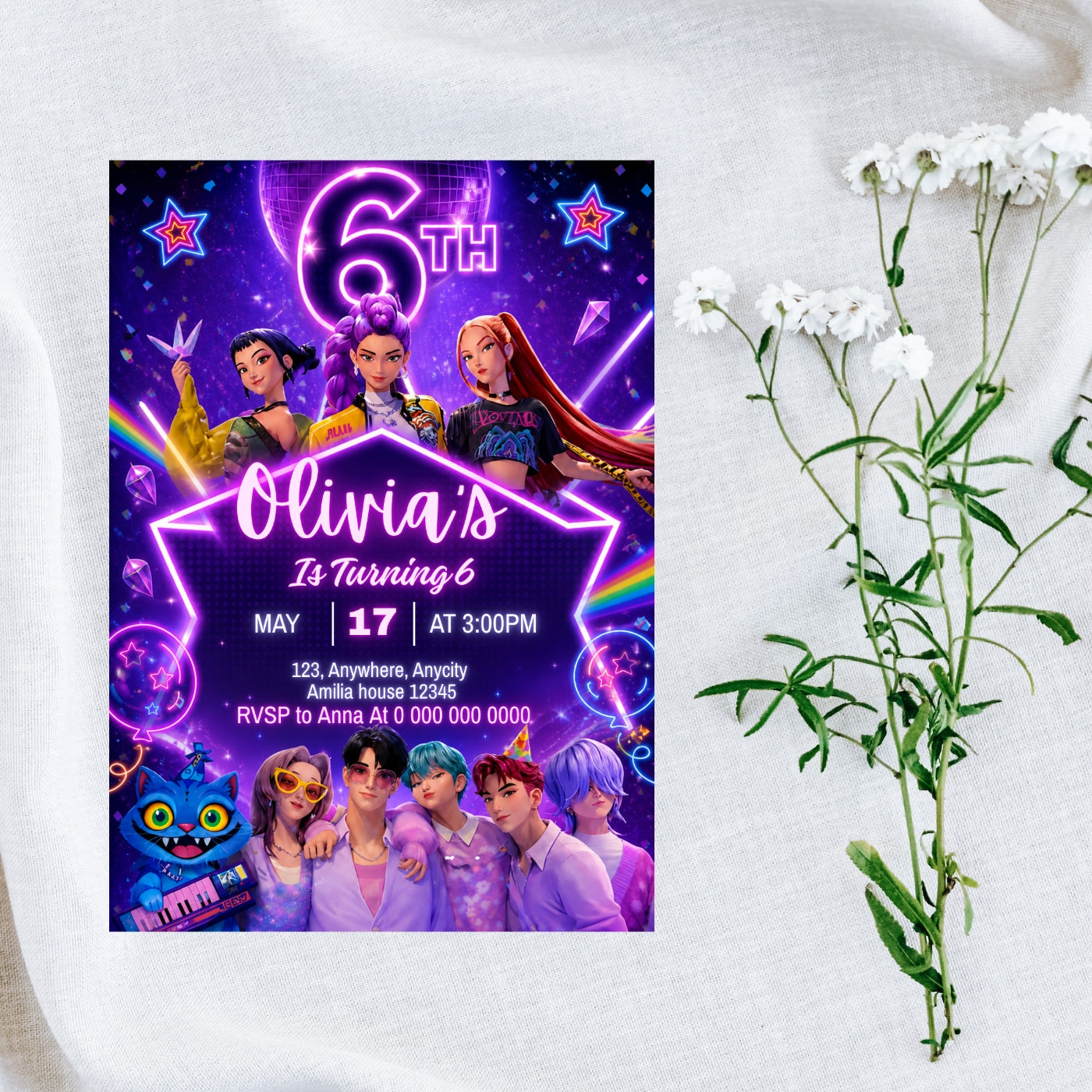 Kpop birthday Invitation Template, 6th Birthday Editable Canva Digital Download (5×7)in